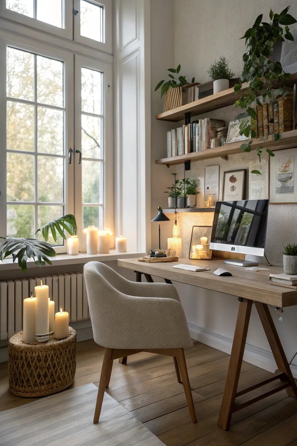 Scented candles or diffusers create a calming atmosphere in a home office.