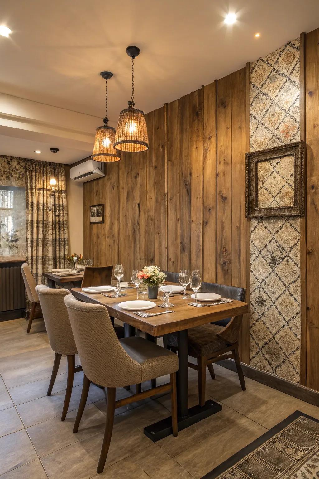 A dining room featuring rustic wood texture wallpaper, creating a cozy ambiance.