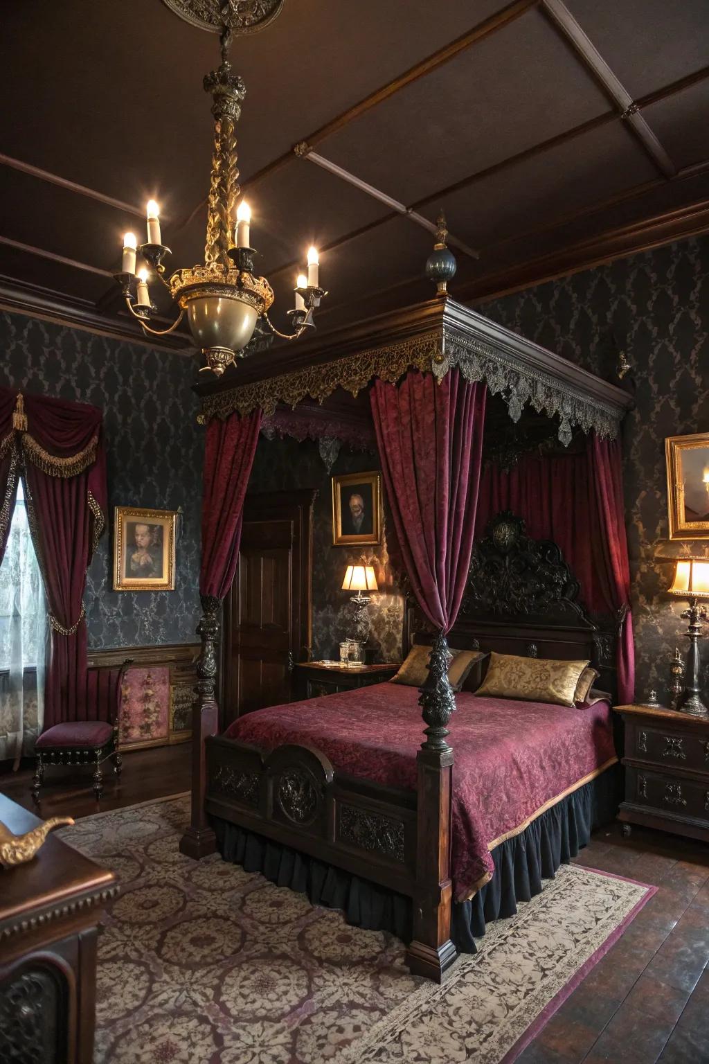 Gothic-inspired decor adds drama and enhances the vintage vibe.