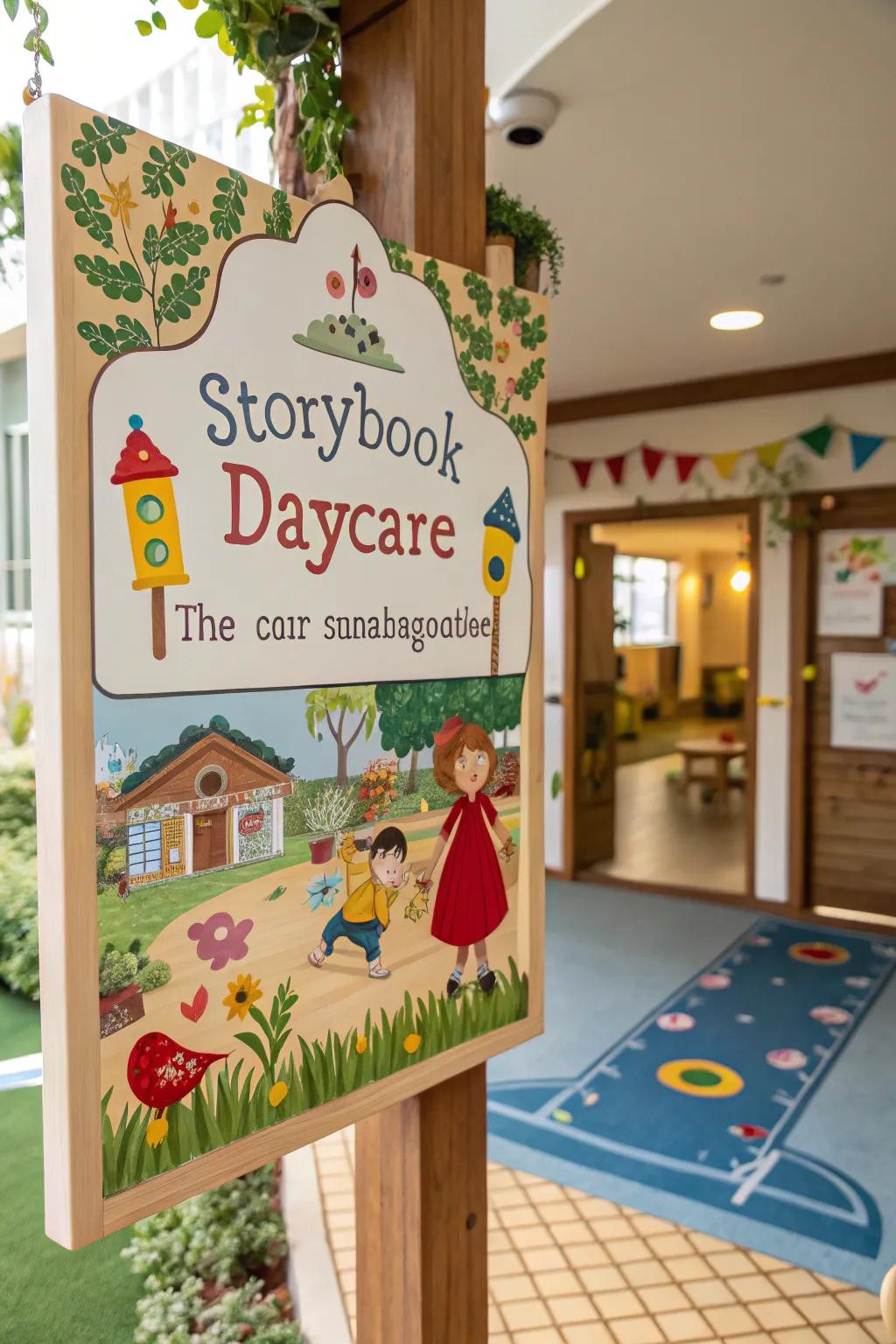 Whimsical illustrations on the daycare sign tell a delightful story.