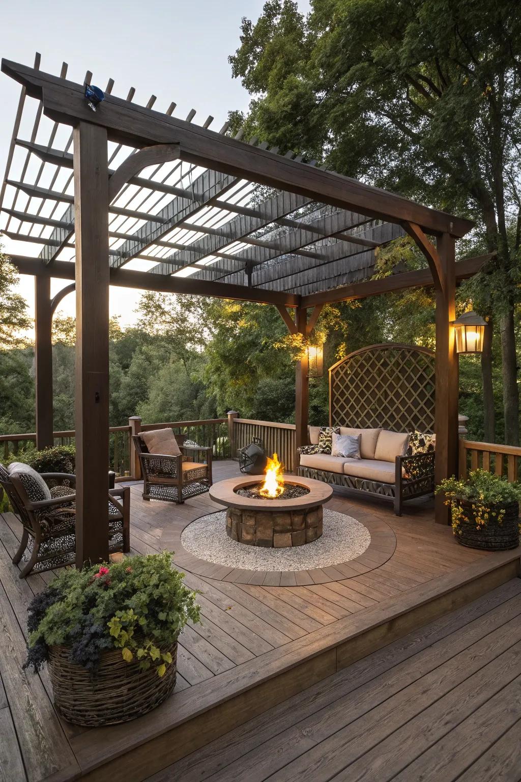 A pergola with a fire pit, perfect for cozy outdoor gatherings.