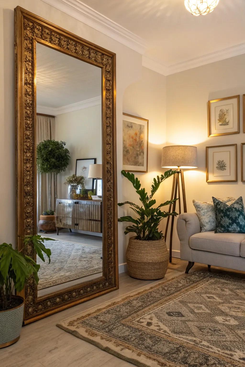 Mirrors in corners enhance light and create a cozy atmosphere.