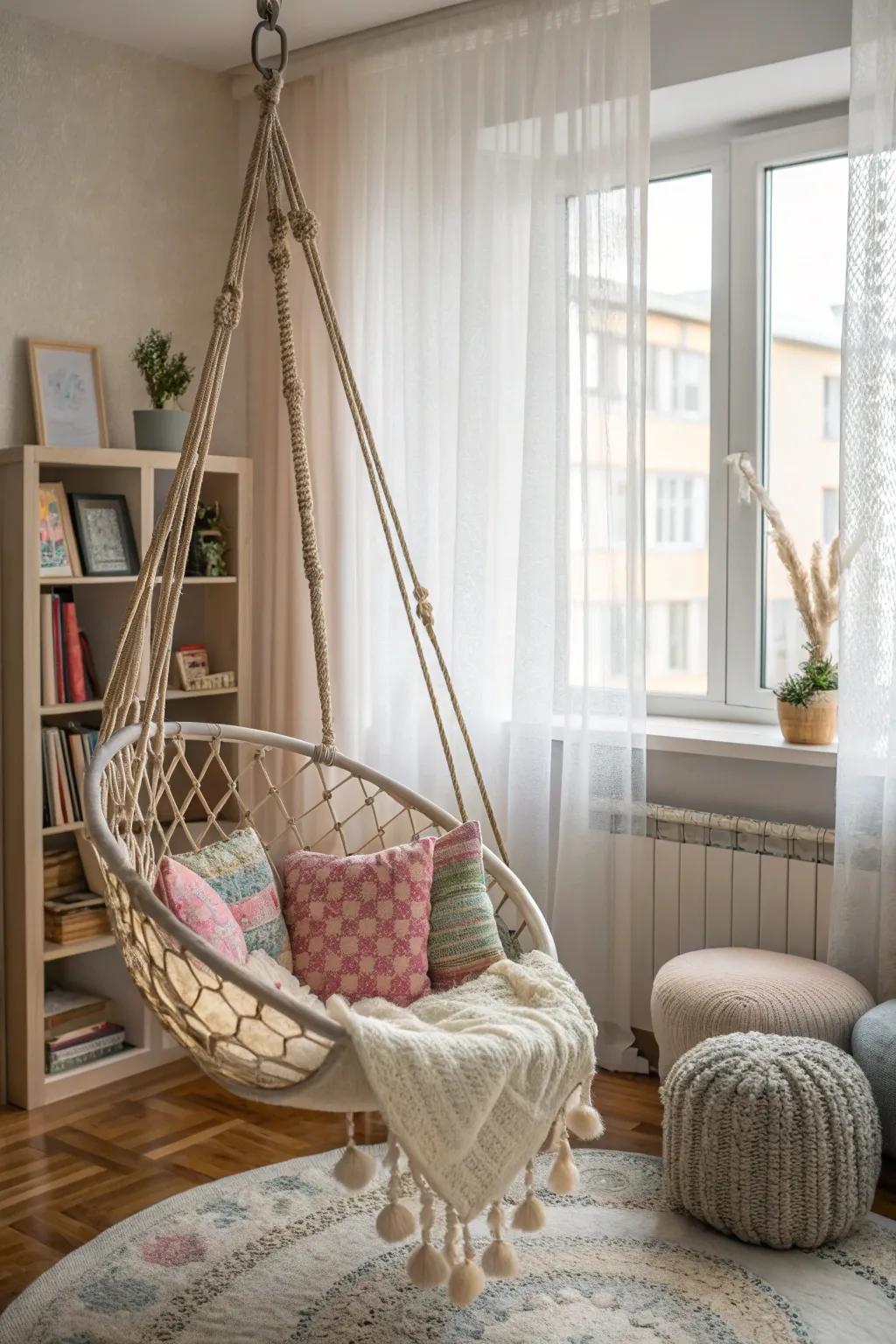 A hanging chair adds a whimsical and fun element.