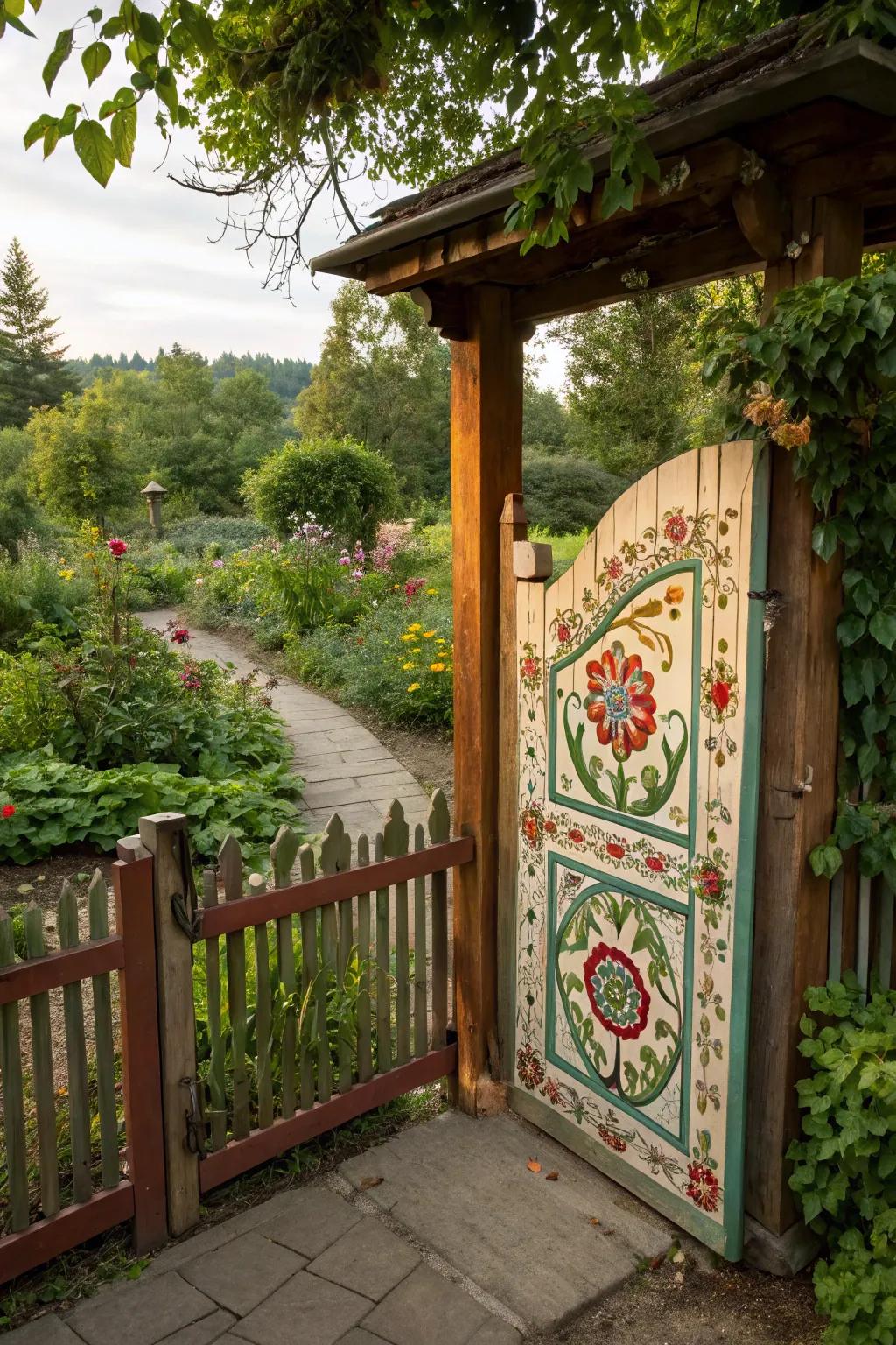 A striking garden gate becomes a focal point in fence design.