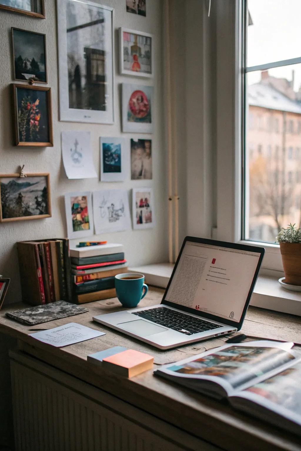 A gallery wall adds inspiration and creativity to the workspace.