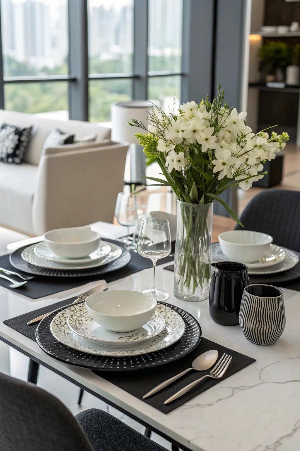 A dining table with a monochrome decor theme.