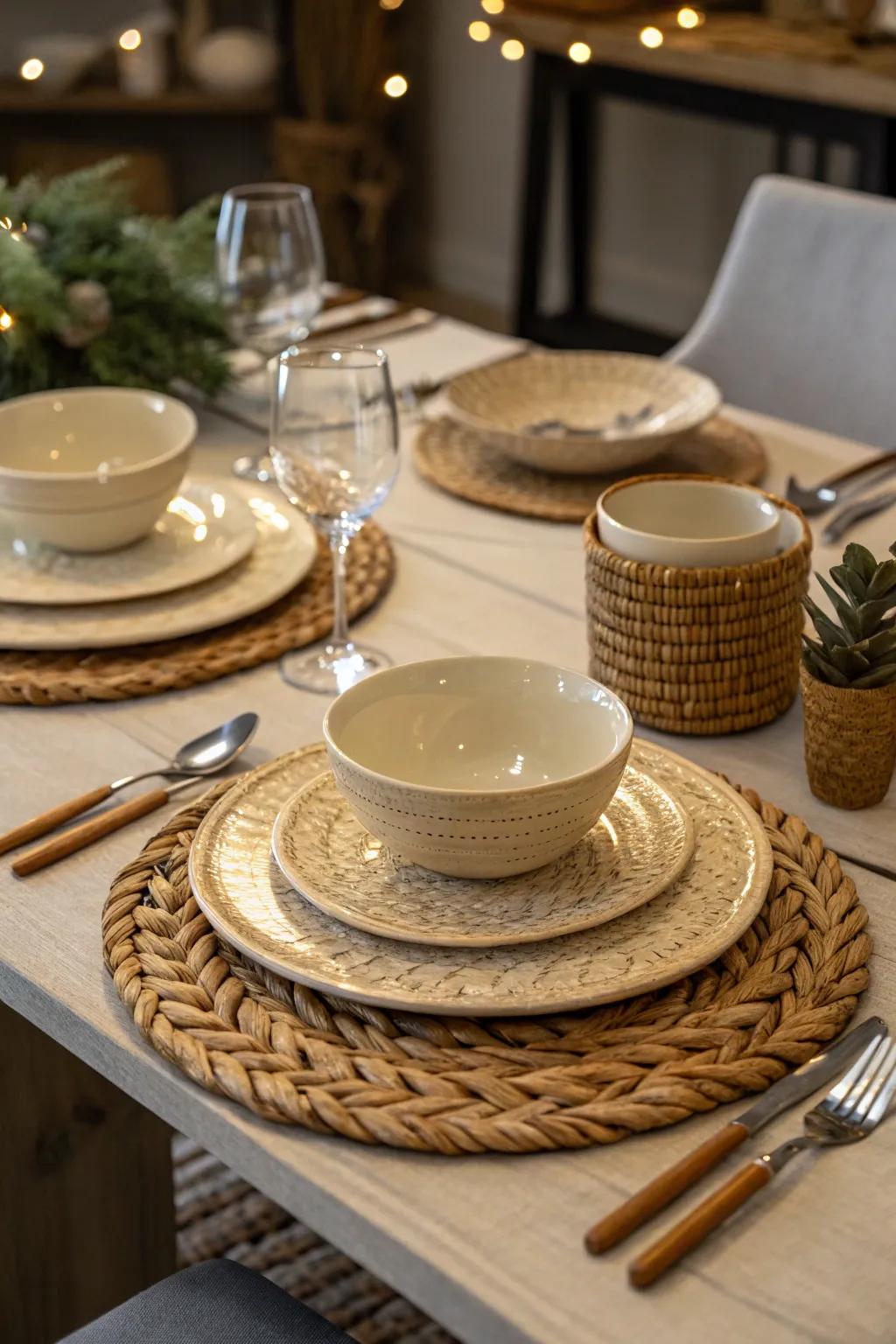 Artisanal touches like handmade pottery add character to the table.