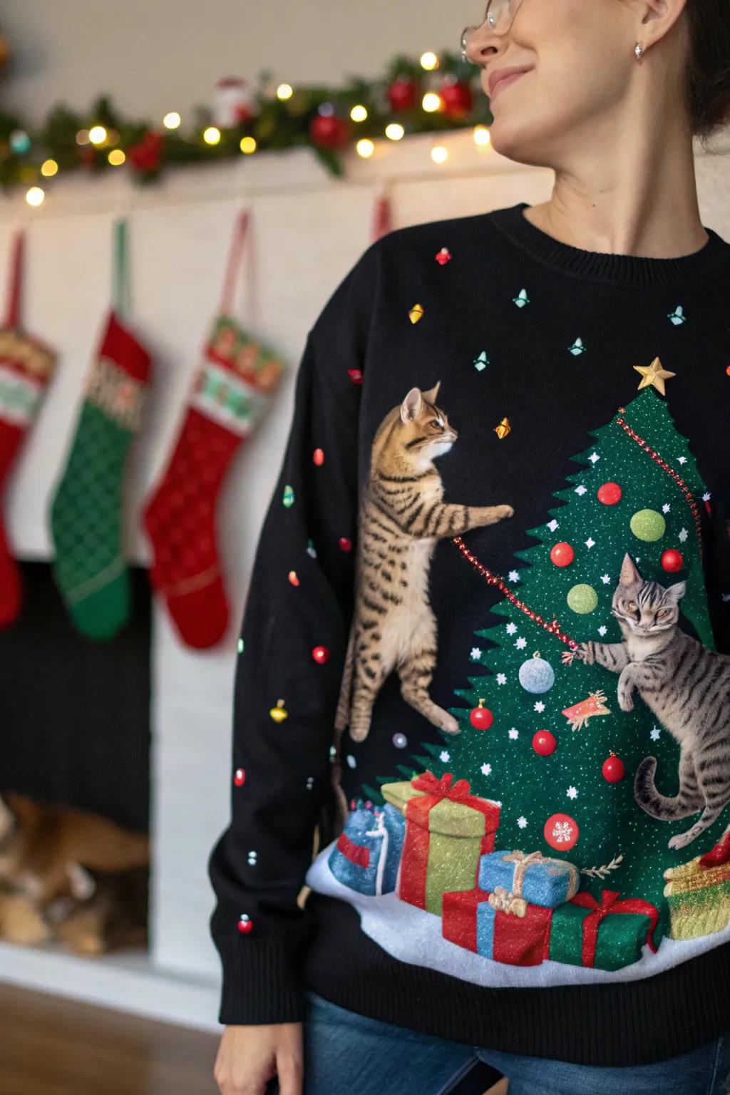 Cats causing festive chaos on a playful sweater.