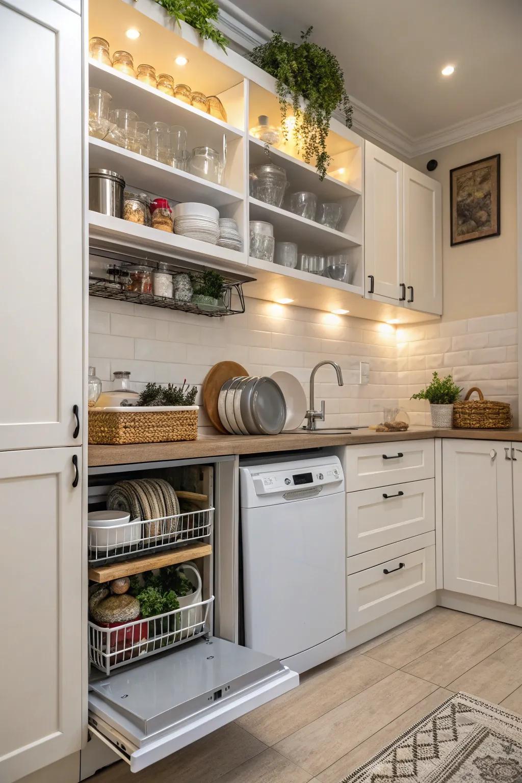 Efficient use of vertical space with shelving above the dishwasher.