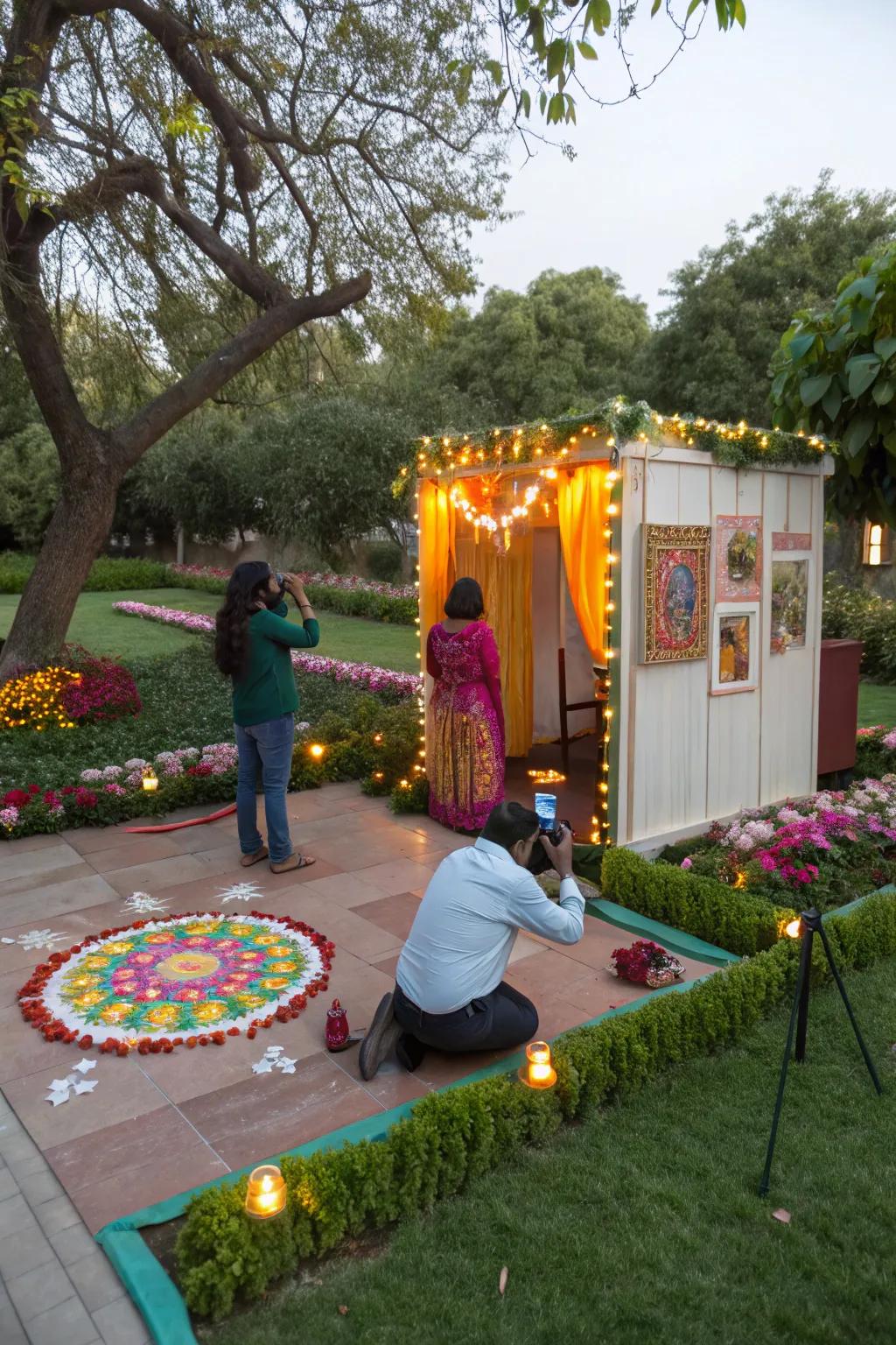 A refreshing garden setup for an outdoor Diwali photo booth.