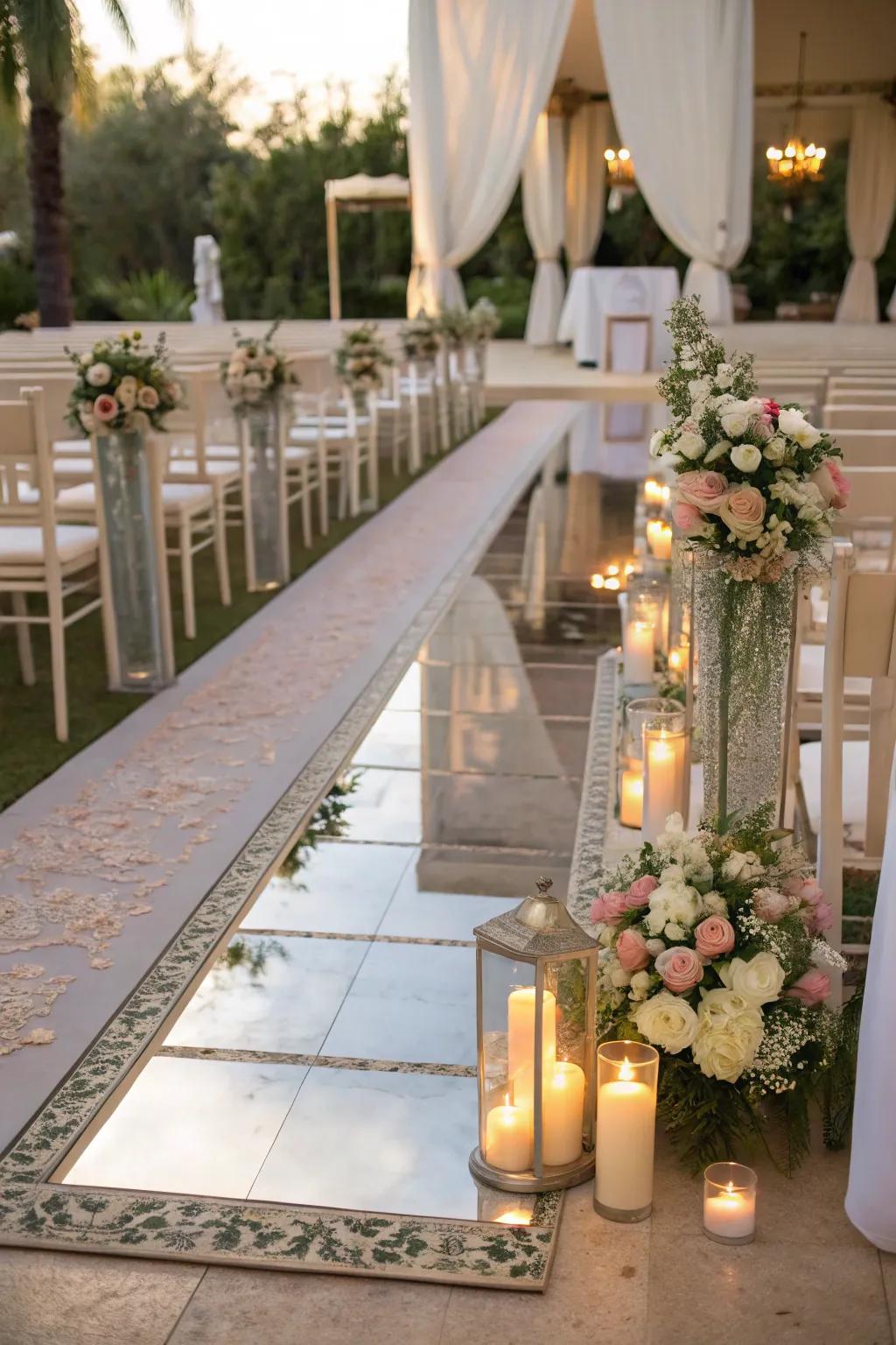 A mirror aisle runner adds a unique and reflective touch.