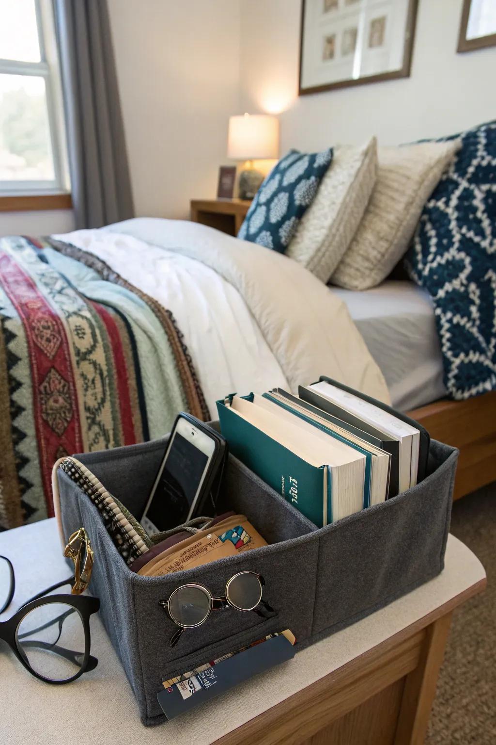 A bedside caddy keeps nighttime essentials close by.