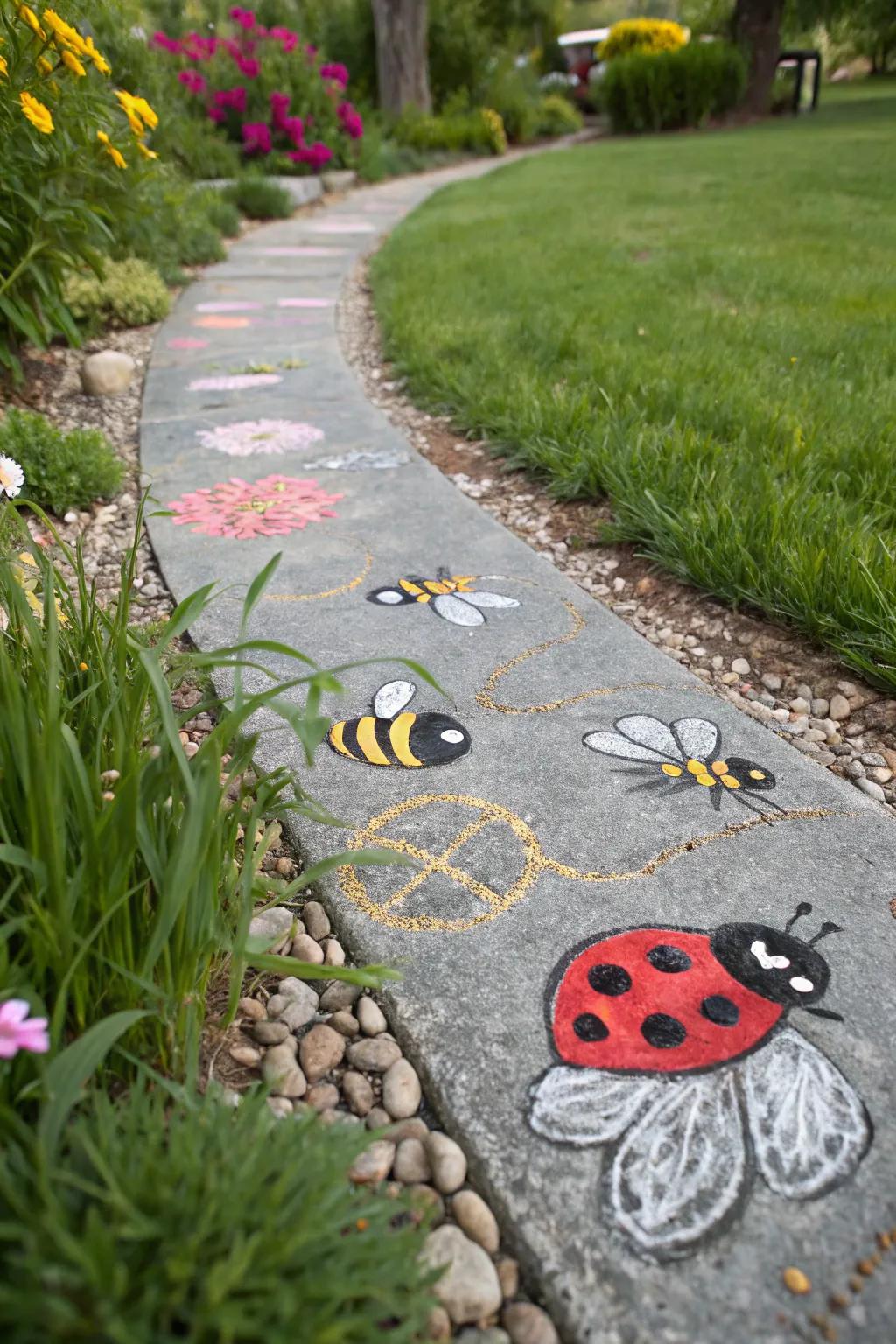 Garden critters in chalk bring playful charm to the path.