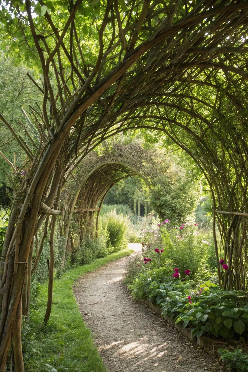 A living willow structure adds a playful element to the garden.