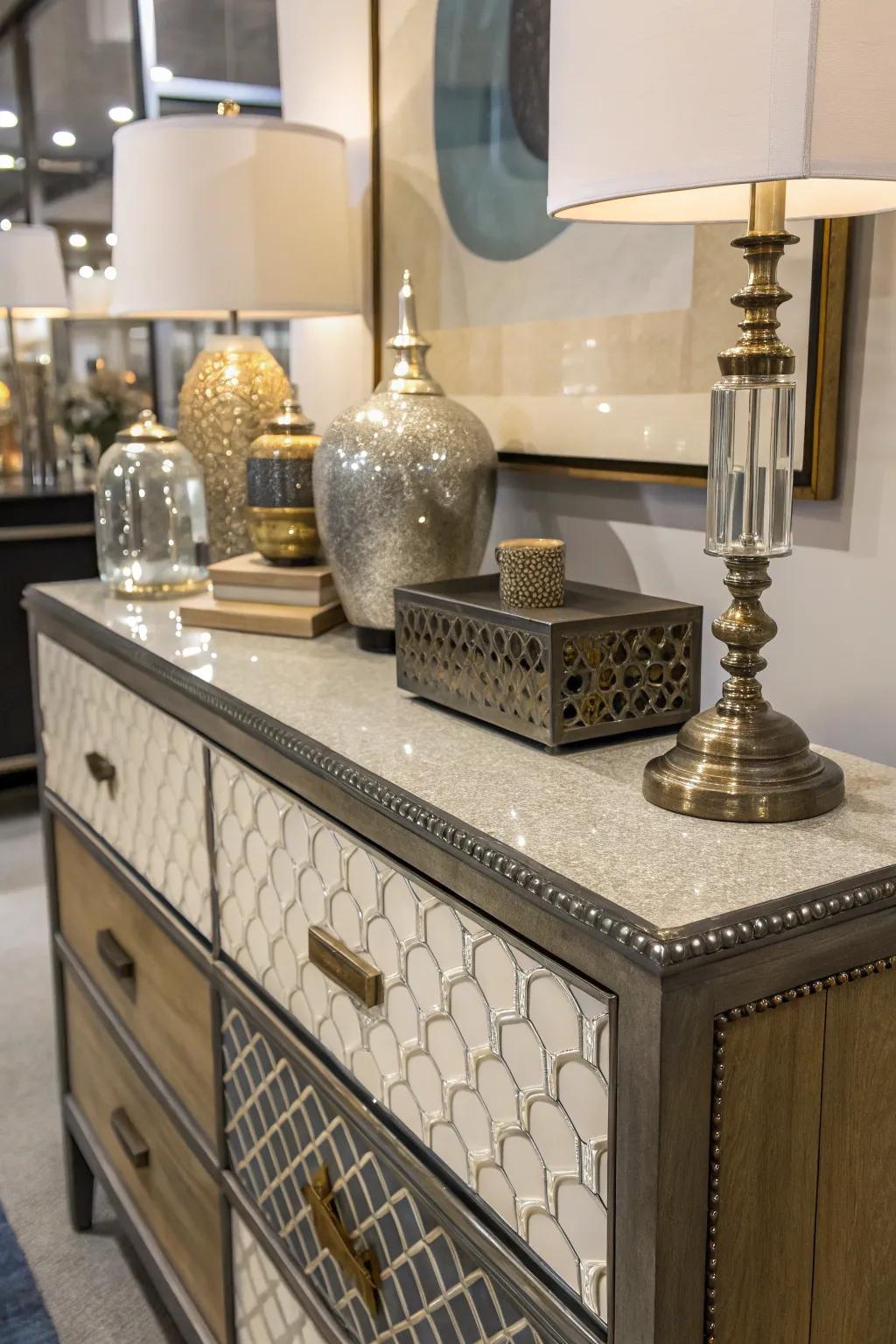 Mixing materials creates a dynamic and textured dresser decor.