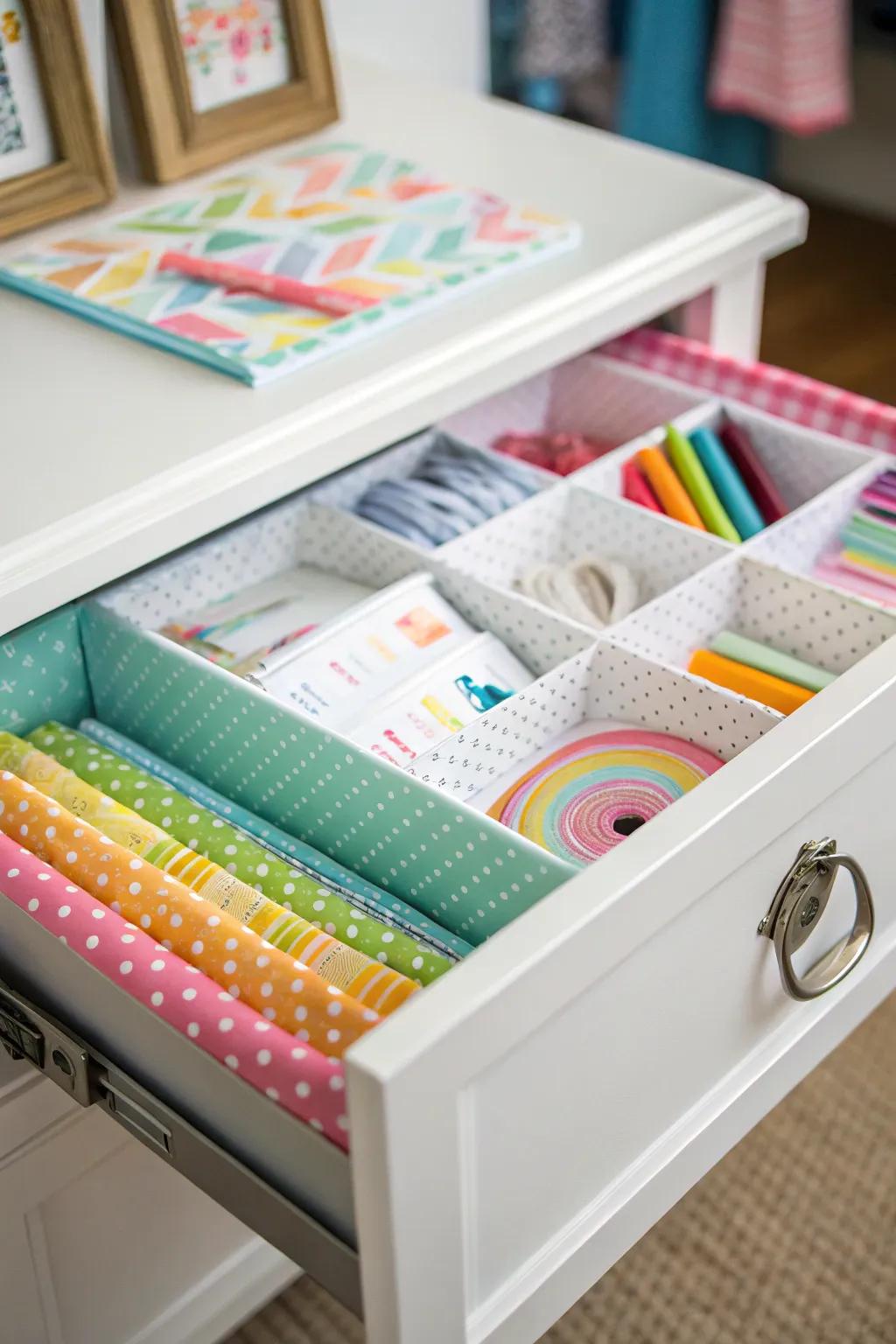 Colorful drawer liners for a cheerful touch.