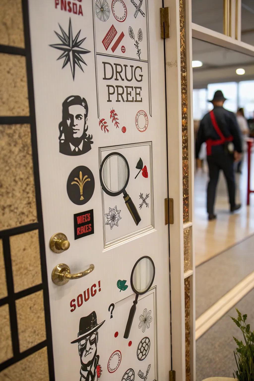 A spy-themed door encouraging a drug-free mission.