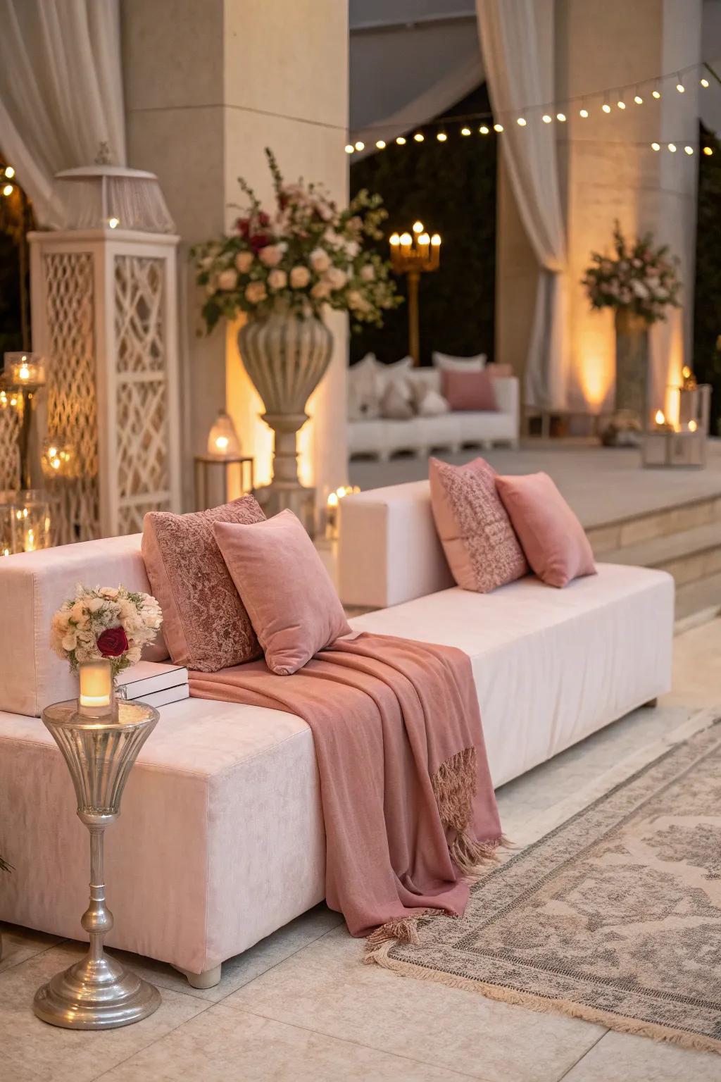 Cozy lounge area with dusty rose accents.