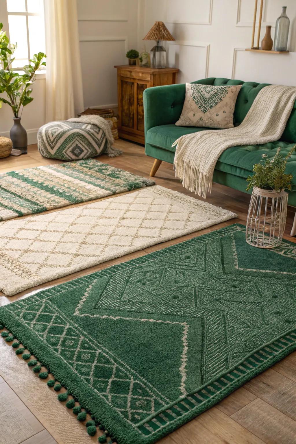 Layered rugs in emerald tones add coziness and dynamism.