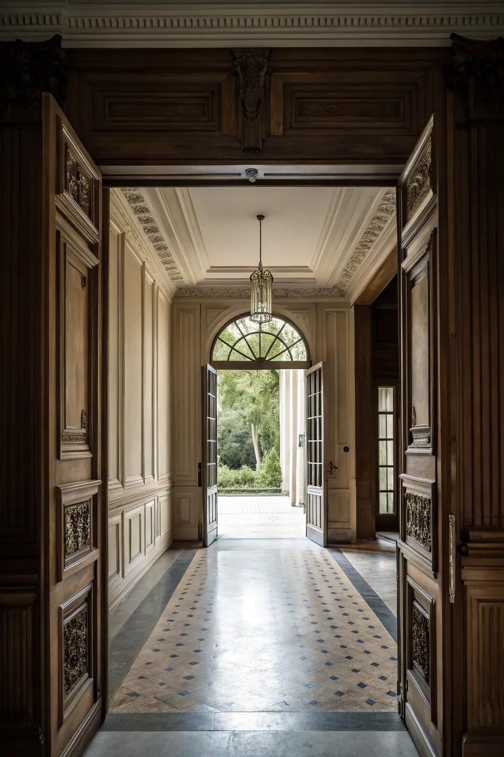 Floor-to-ceiling paneling adds drama and cohesion to the entryway.