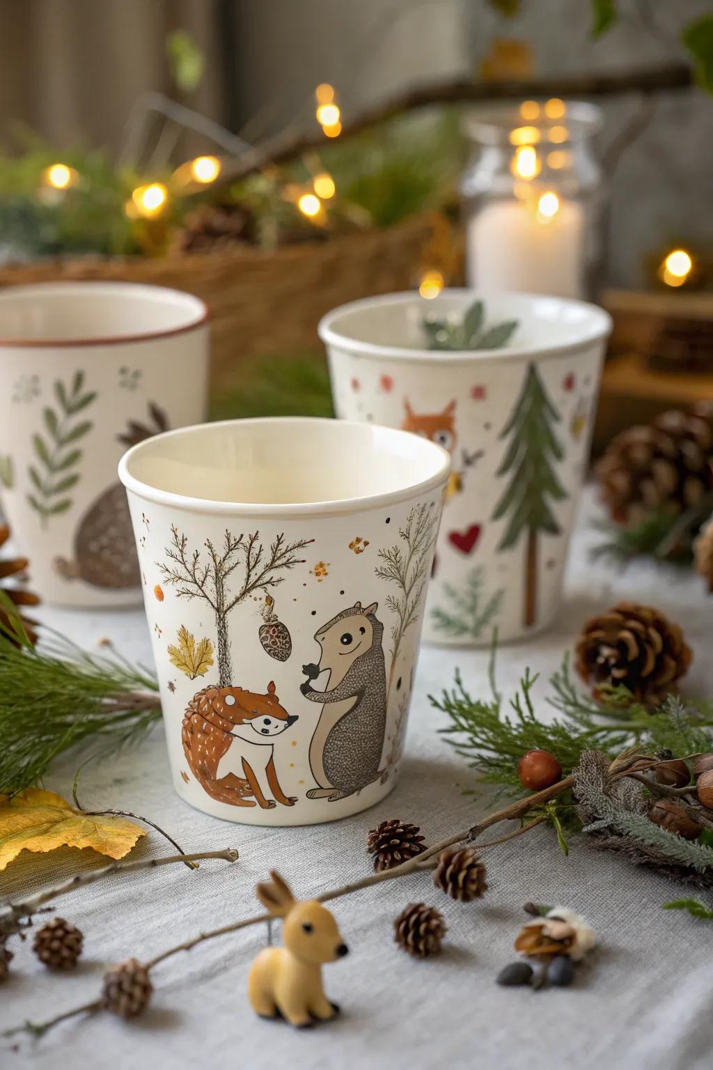 Cups featuring whimsical woodland creatures.