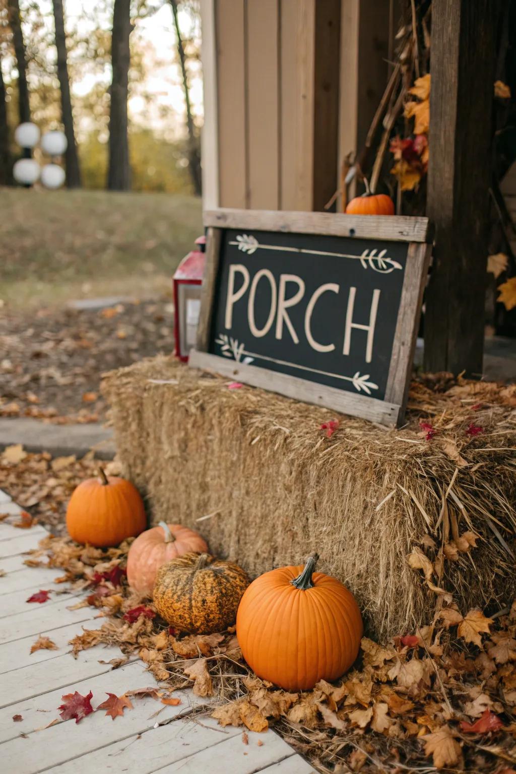 A hay bale adds rustic charm to your fall porch sign display.