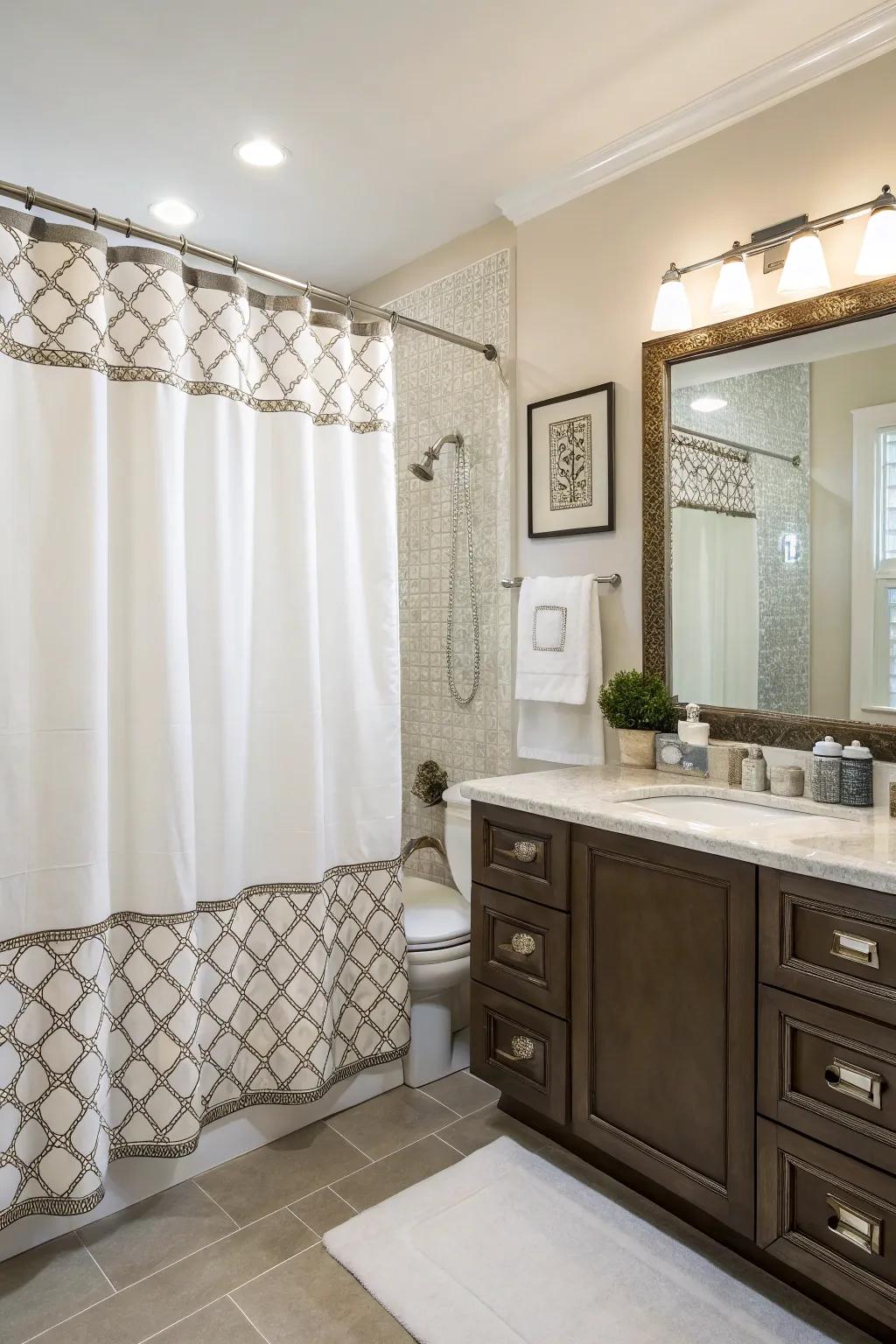 A bathroom with a rod pocket shower curtain offering elegance and functionality.