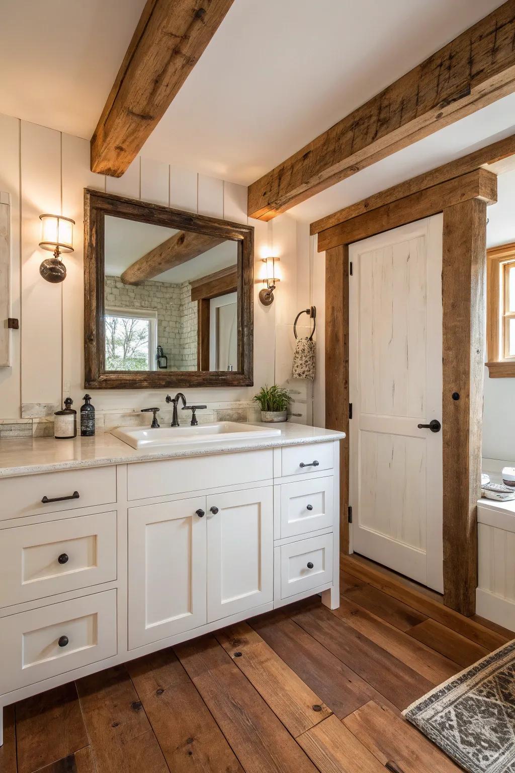 White shaker cabinets offer a timeless look in this farmhouse bathroom.