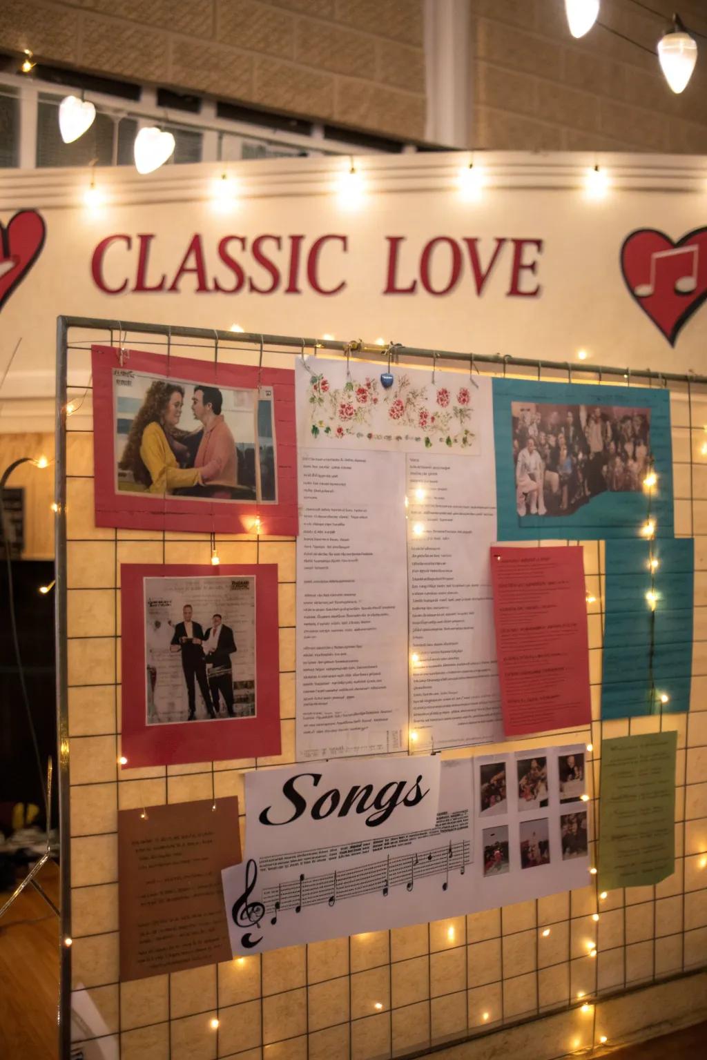 A love song-themed bulletin board with musical notes.