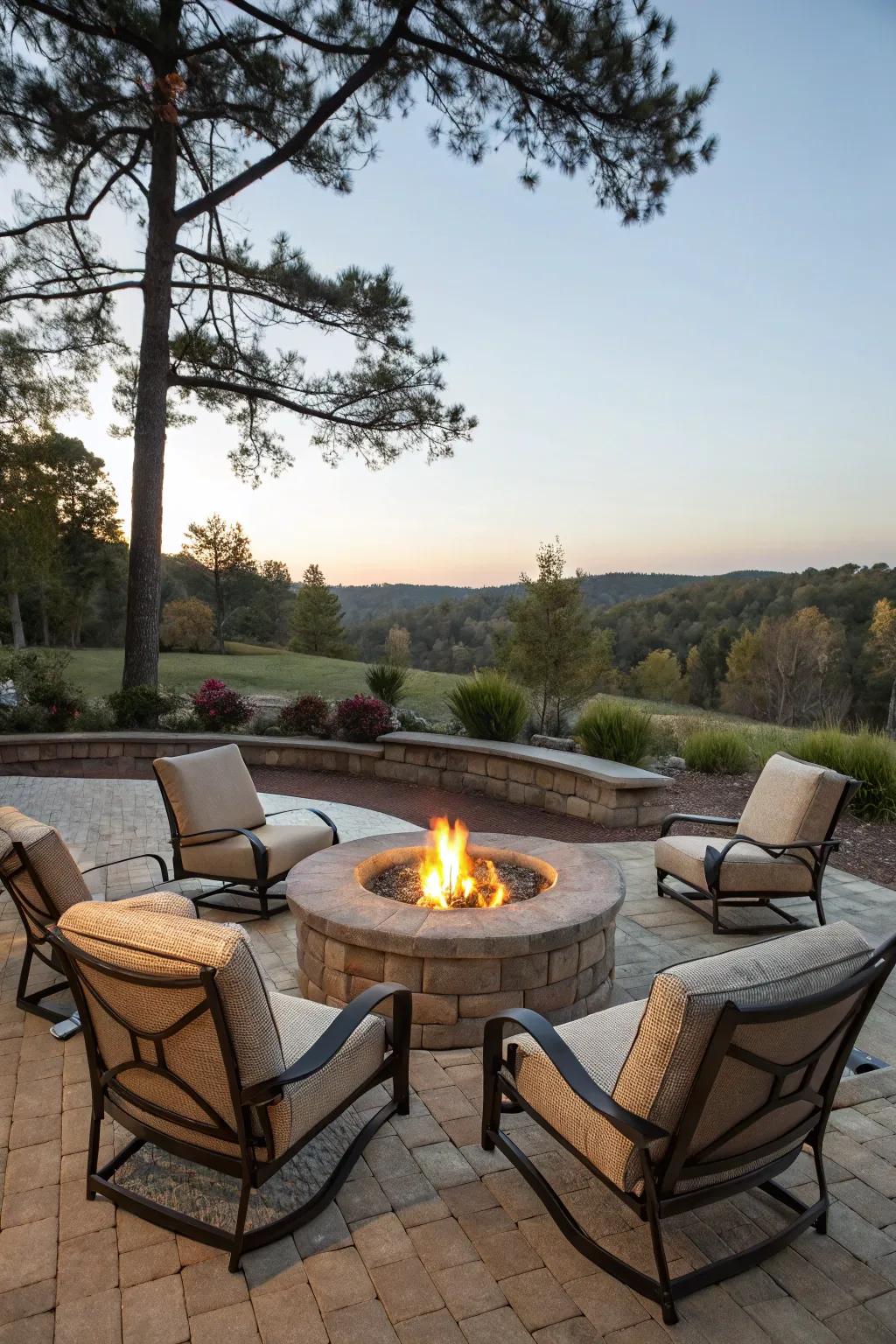 Swivel chairs provide versatile and engaging seating around the fire pit.