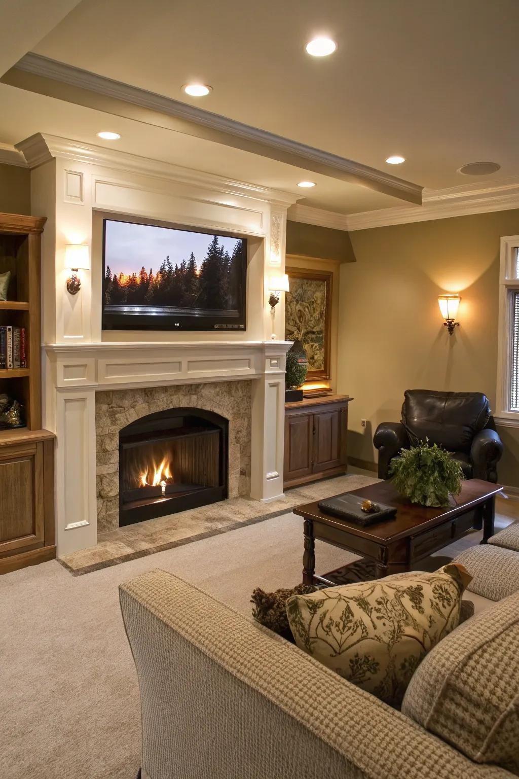 A recessed TV nook above a fireplace for seamless integration.