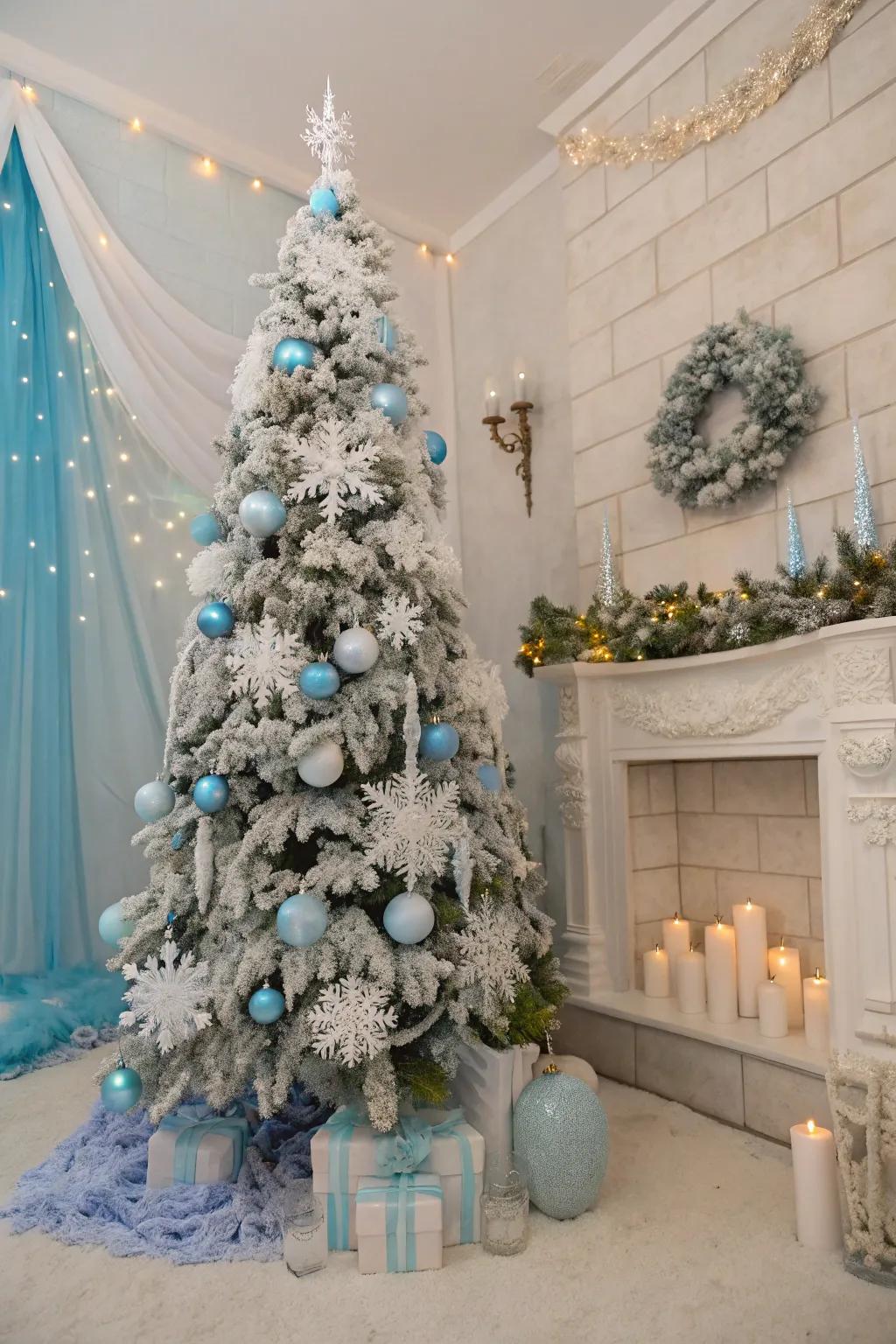 A Frozen fantasy-themed flocked Christmas tree.