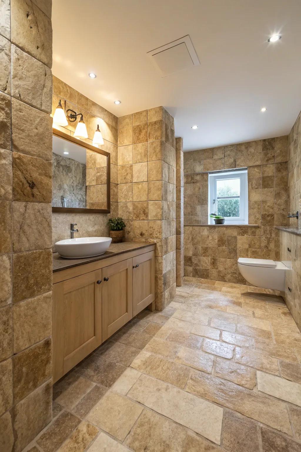 Natural stone tiles add elegance and texture.