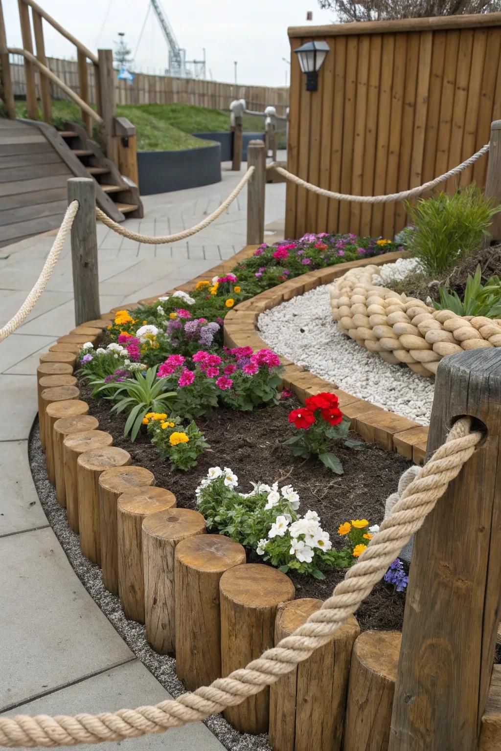 Rope and timber create a nautical-inspired flower bed border.