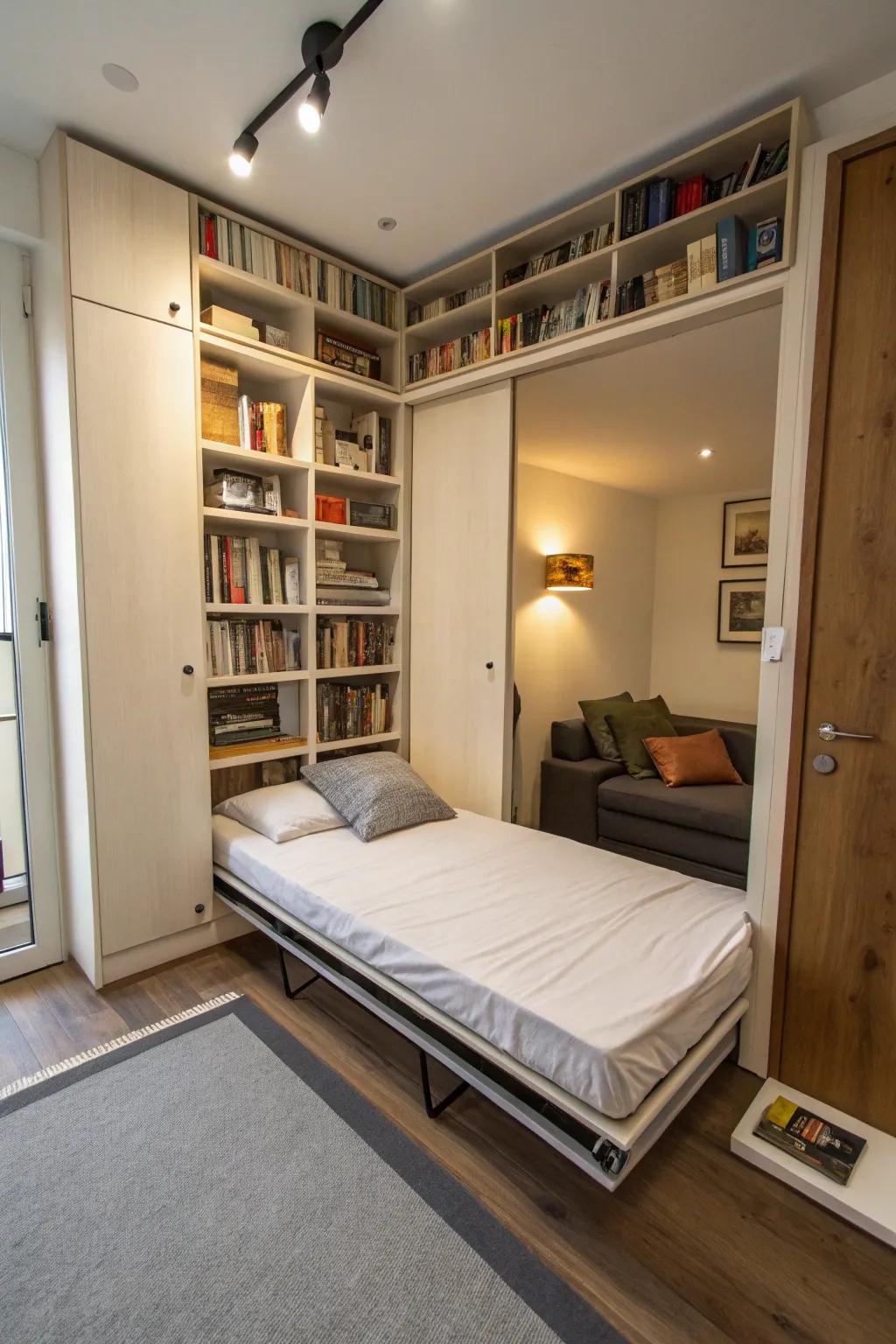 Folding beds with bookshelves offer a cozy retreat for book lovers.