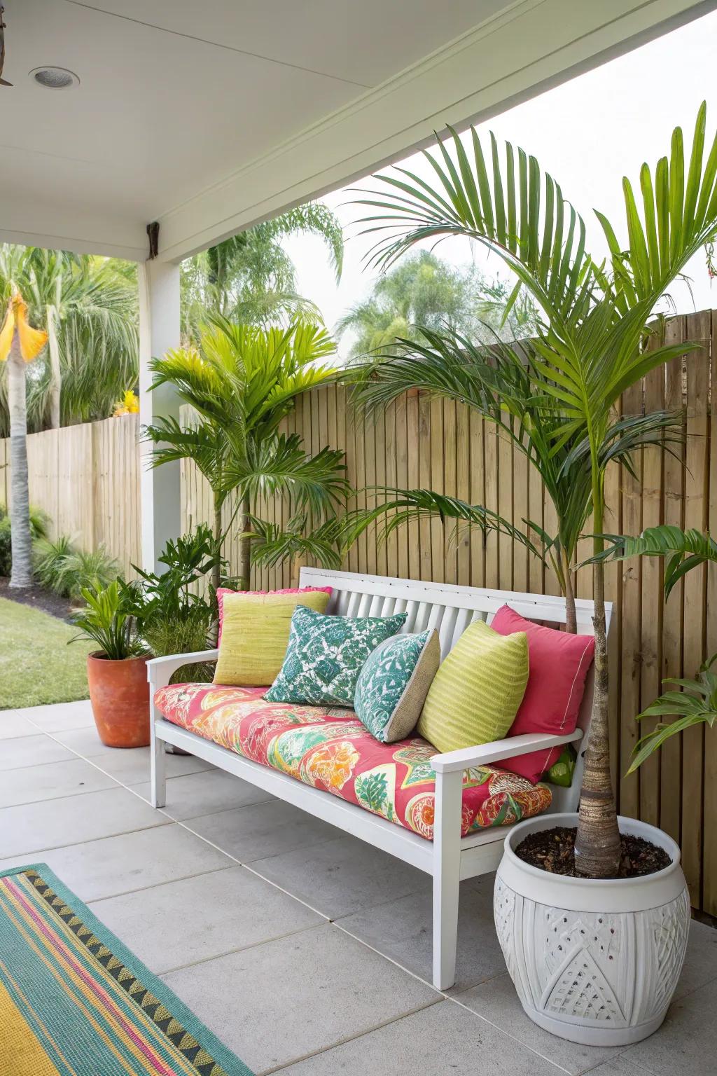 Bright colors and lush plants create a tropical oasis on the porch.