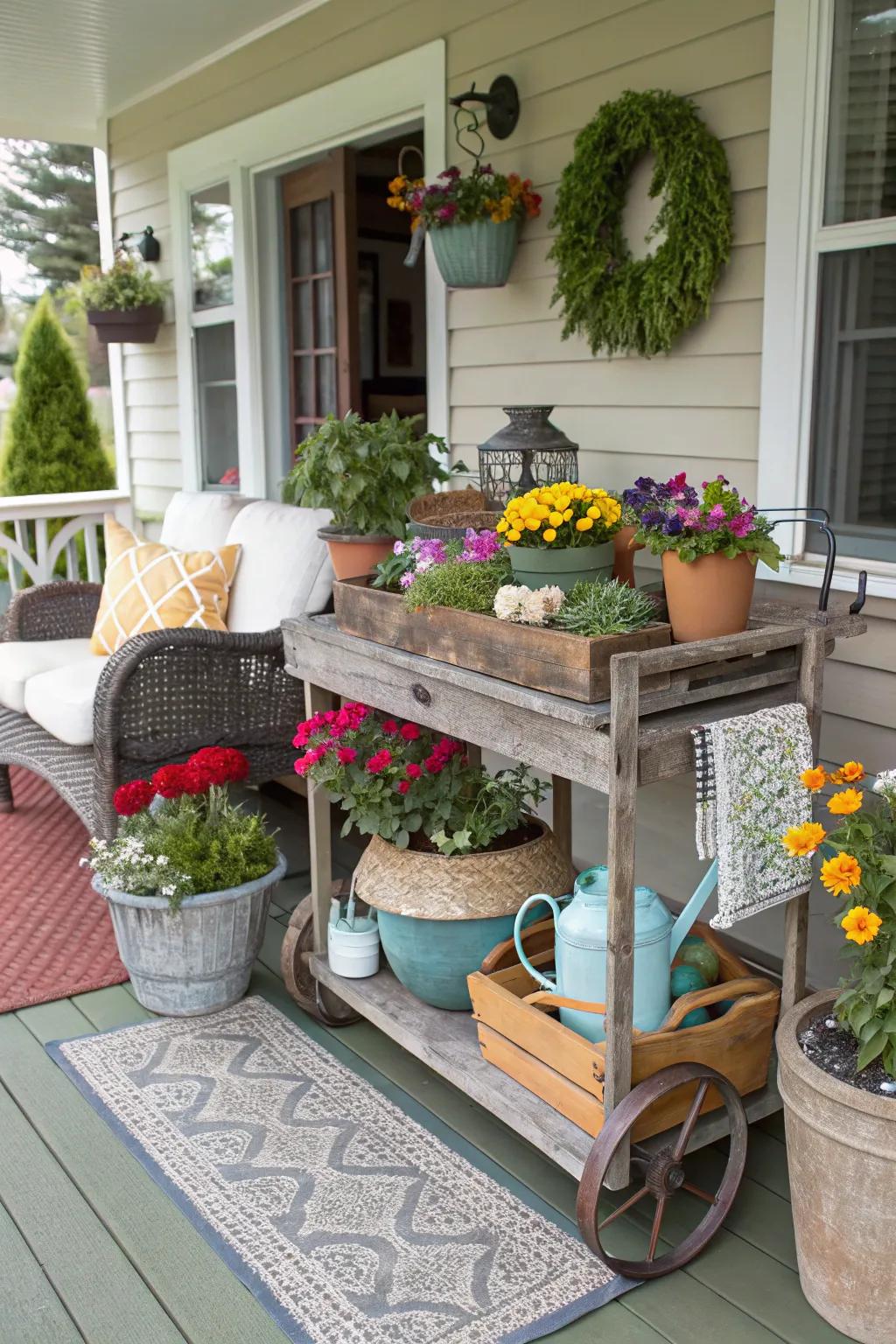 A garden cart table brings a quirky, functional charm to your porch.