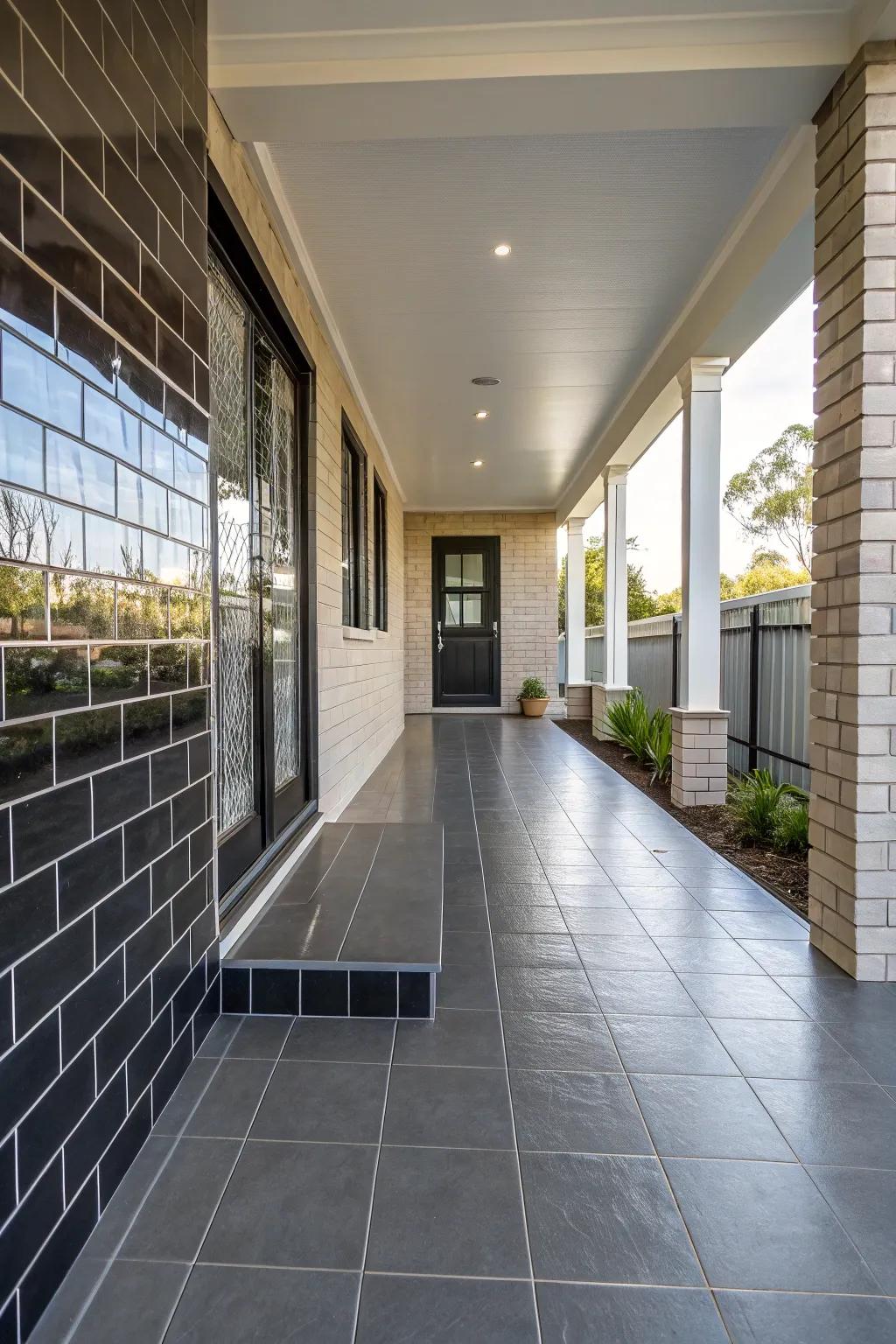 Glossy wall tiles add a sleek and modern touch to your porch.