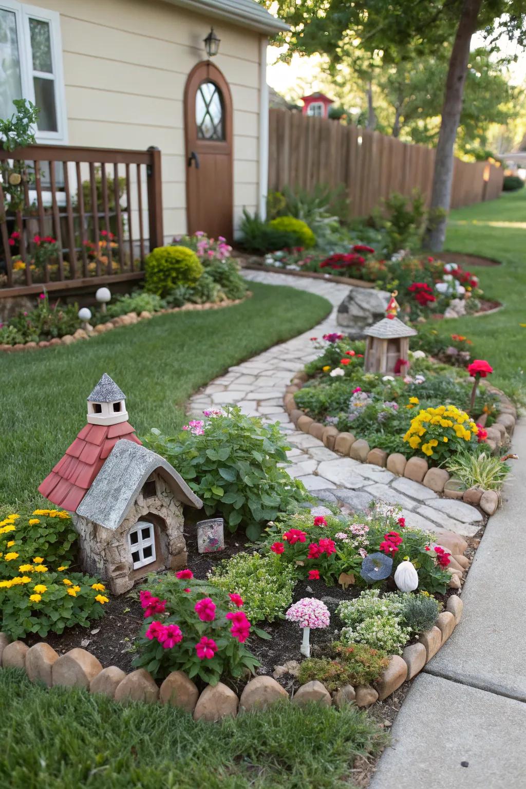 Delight visitors with a whimsical miniature garden in your flower beds.