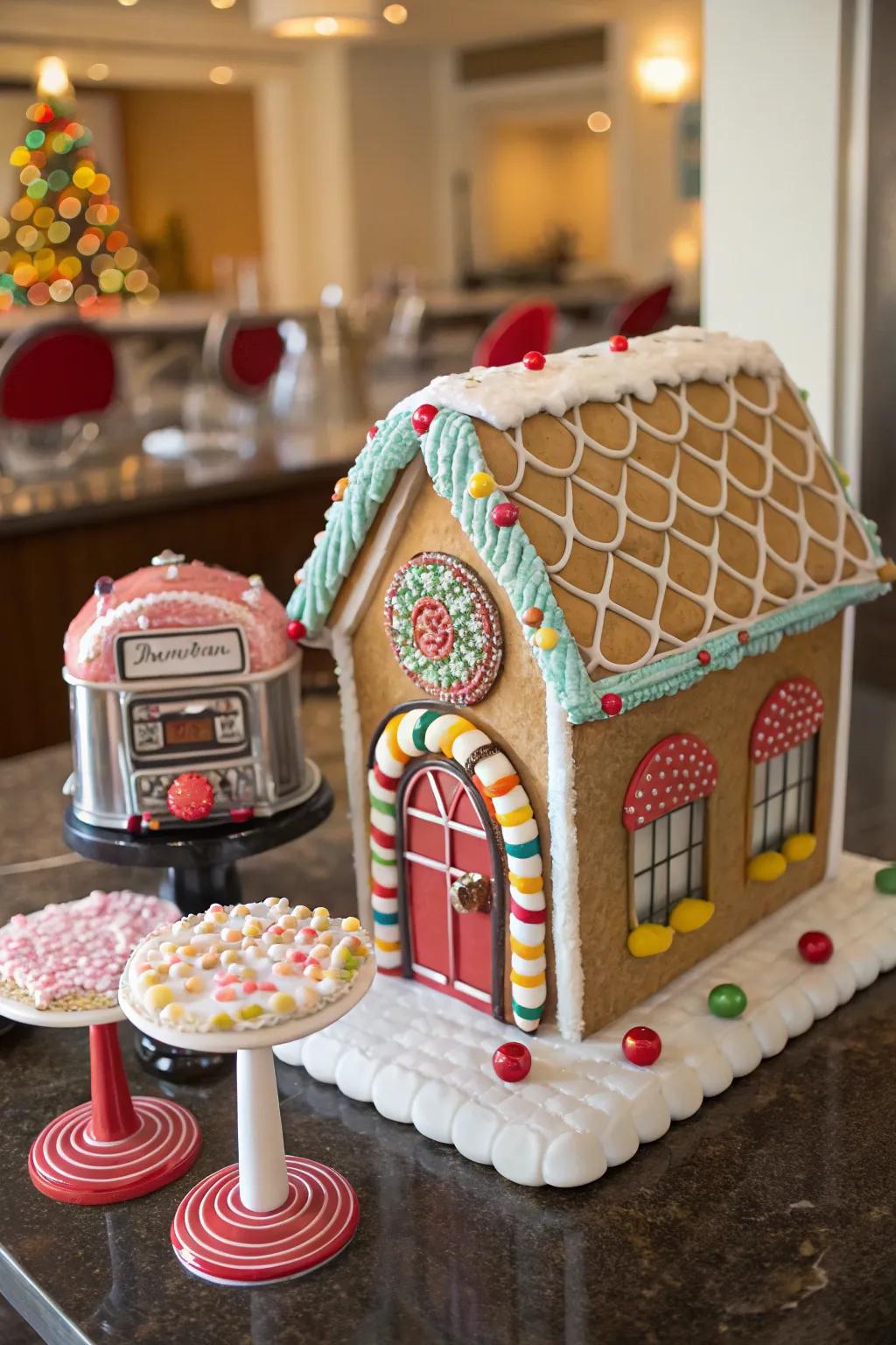 A retro diner-themed gingerbread house