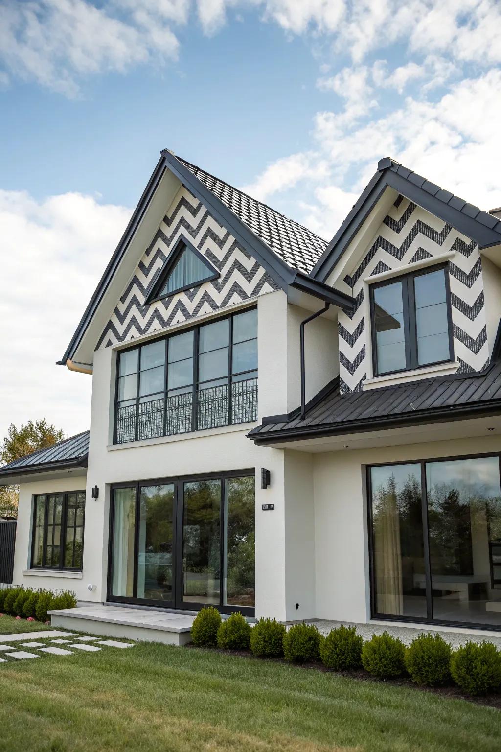 Chevron patterns add modern chic to gables.