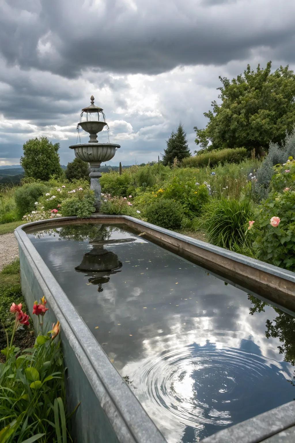 A reflective surface creates a mirror effect in a trough fountain.