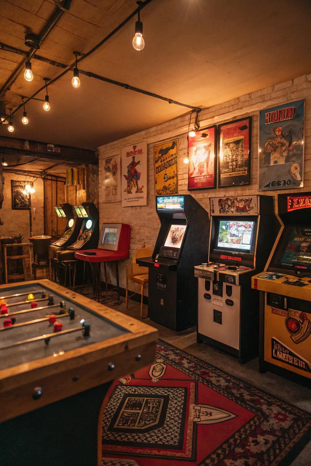 A vintage-themed game room with nostalgic charm.