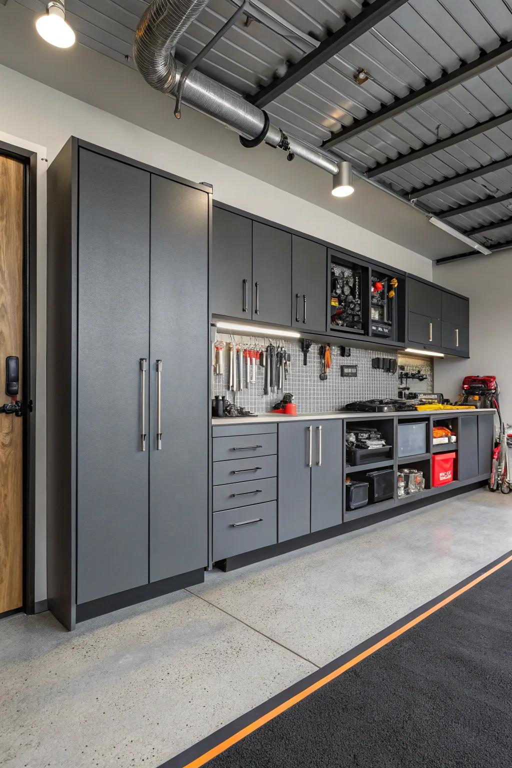 Charcoal gray cabinets deliver an industrial chic look.