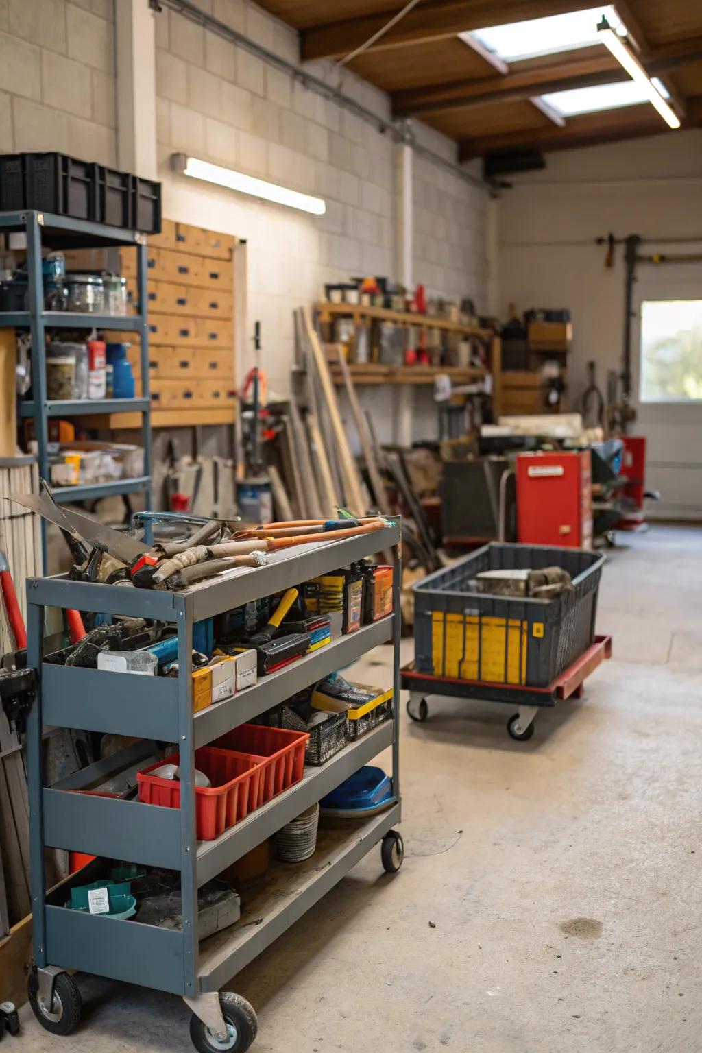 Rolling carts provide flexibility and easy access in your garage.