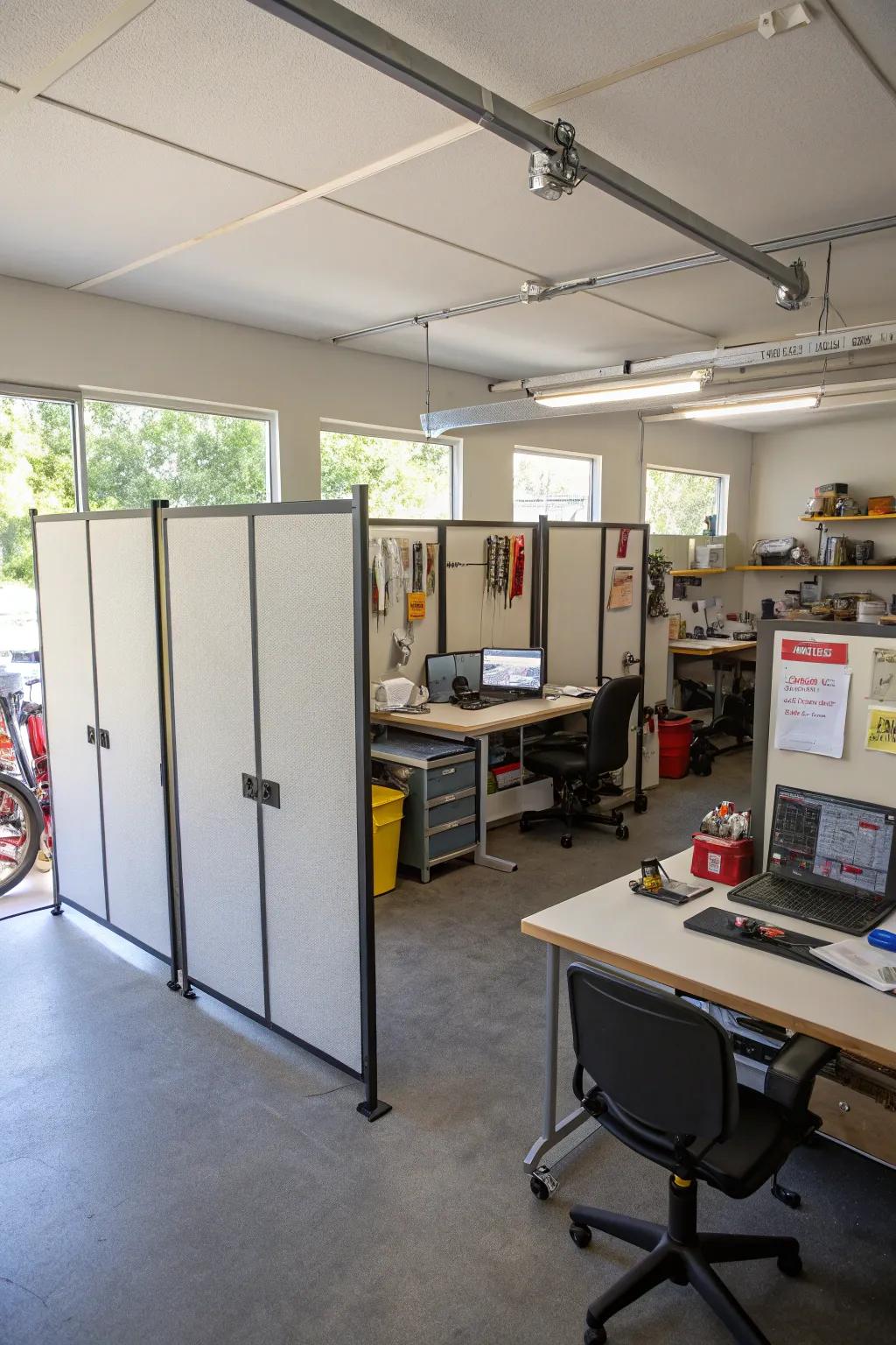 Create adaptable work zones with portable dividers.