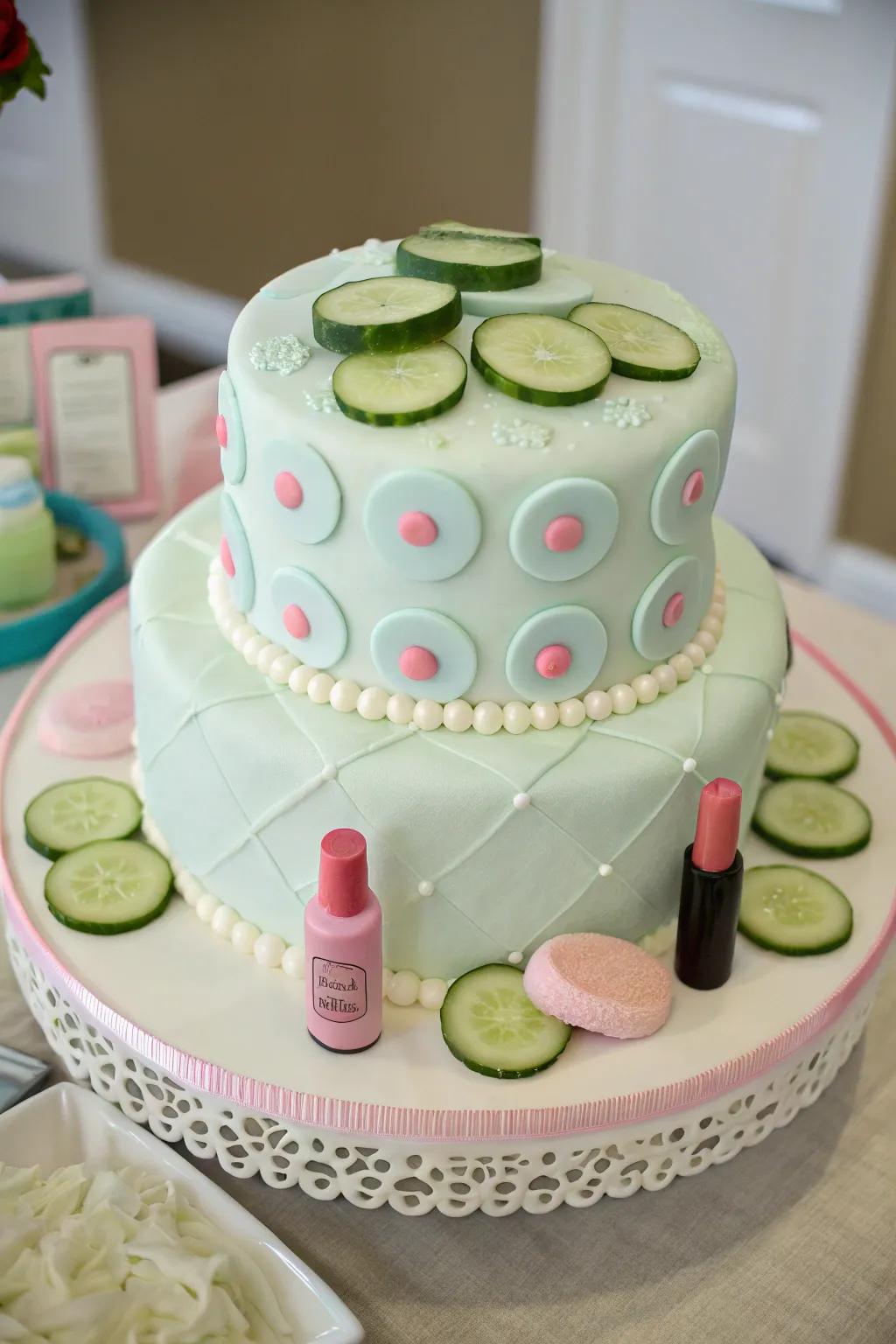 A cleverly decorated cake that ties together the spa theme beautifully.