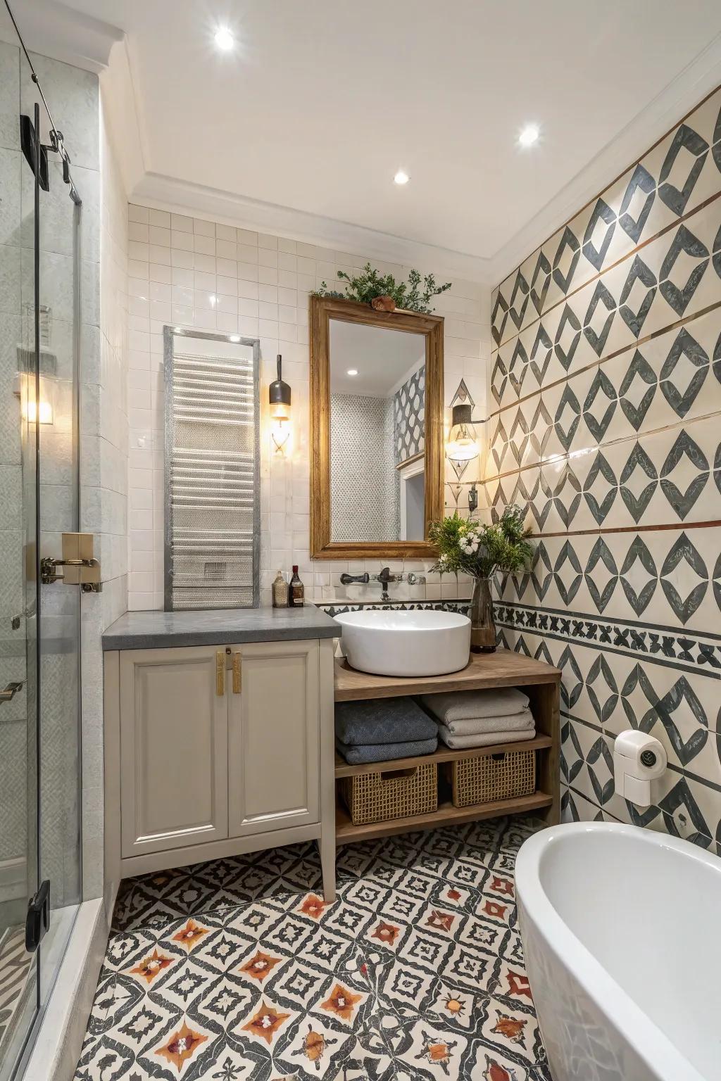 A chic bathroom featuring bold patterned tiles.