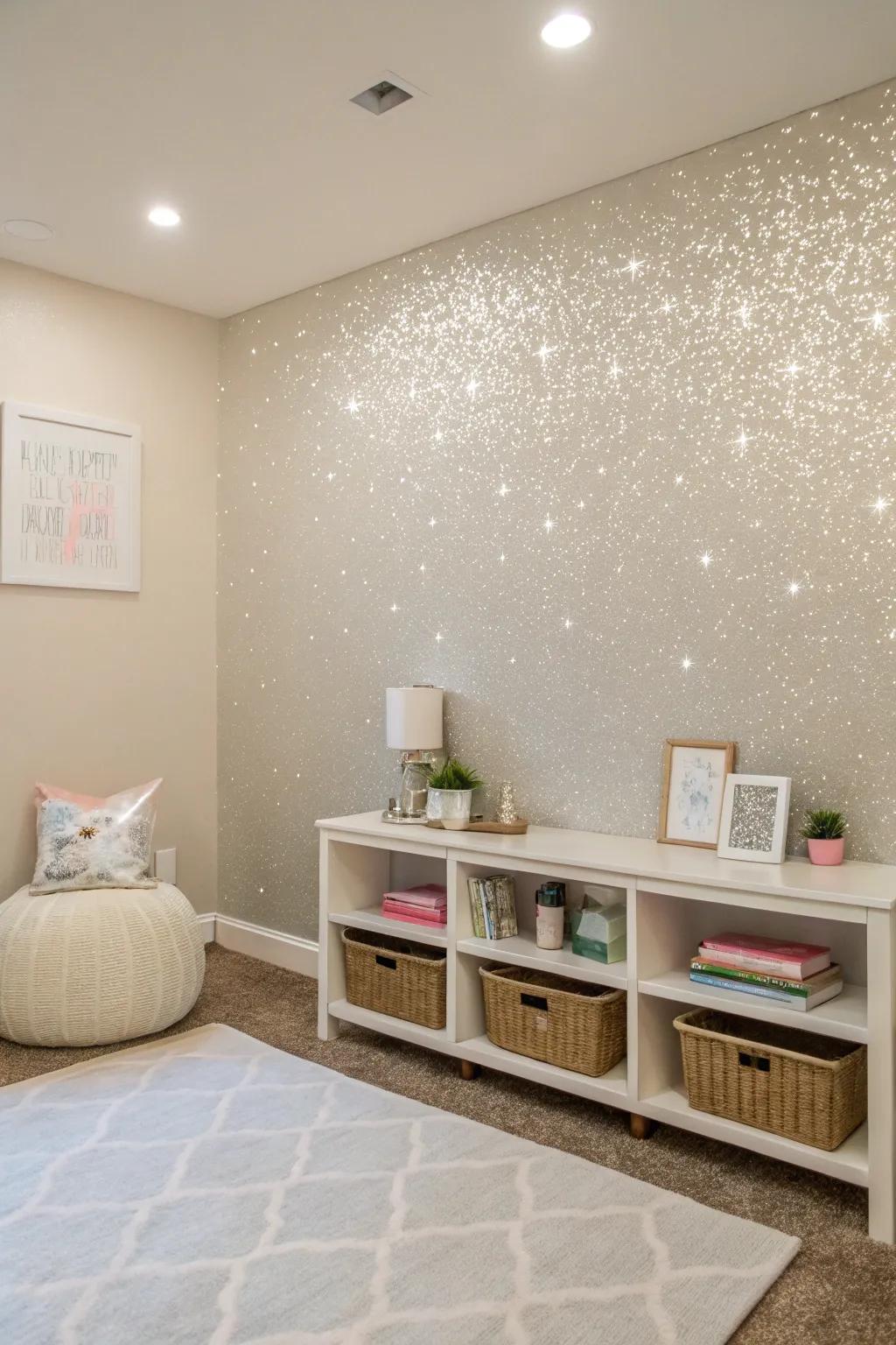 A glitter accent wall adds a spark to a minimalist space.