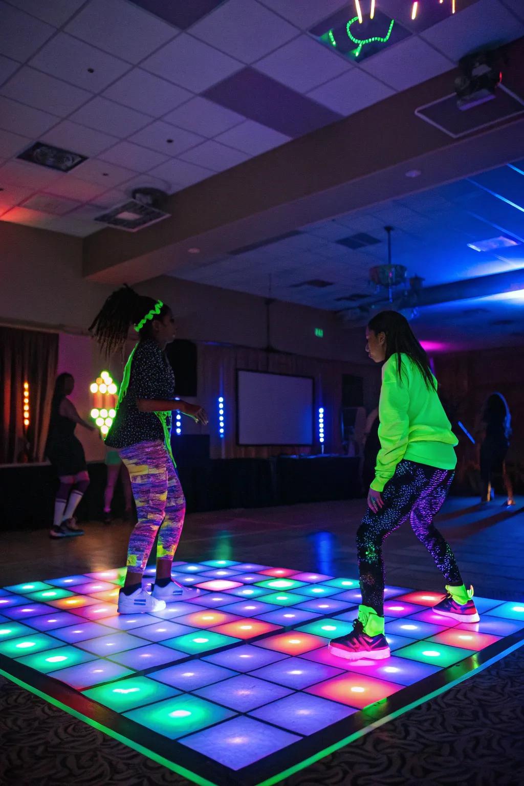 A glowing dance floor is the heart of any neon party.